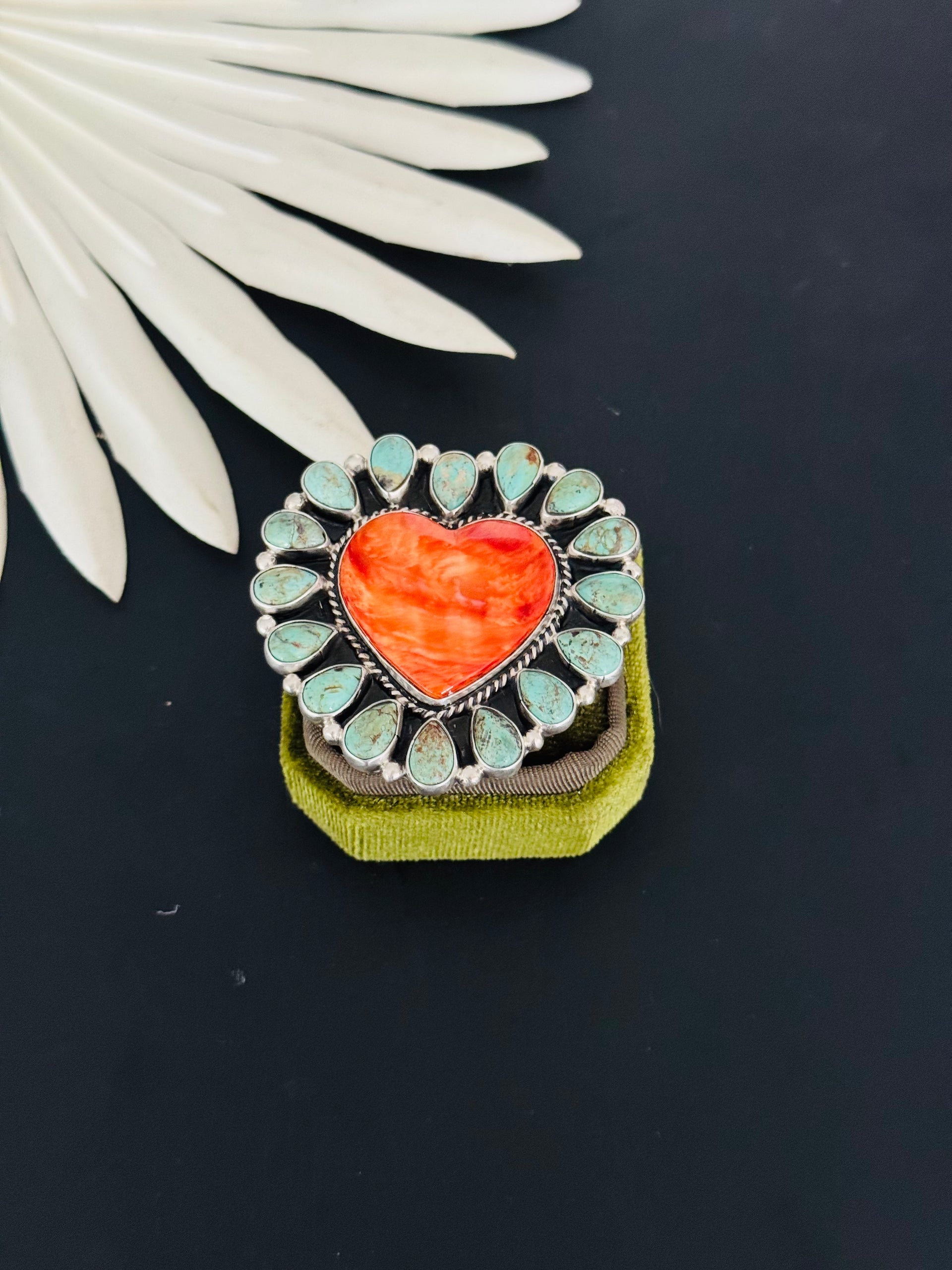 Navajo Made Multi Stone & Sterling Silver Adjustable Heart Cluster Ring