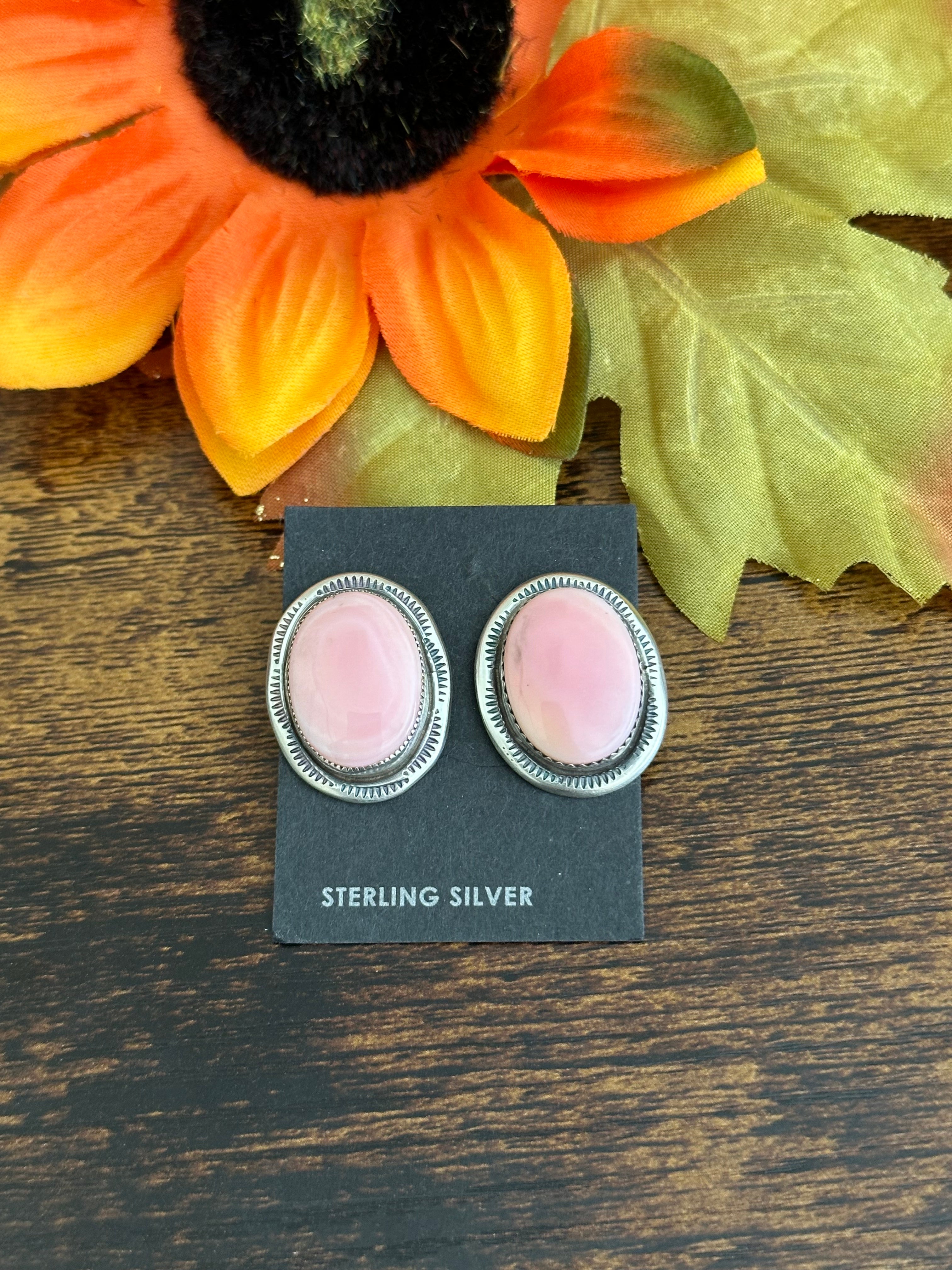 Navajo Made Pink Conch & Sterling Silver Post Earrings