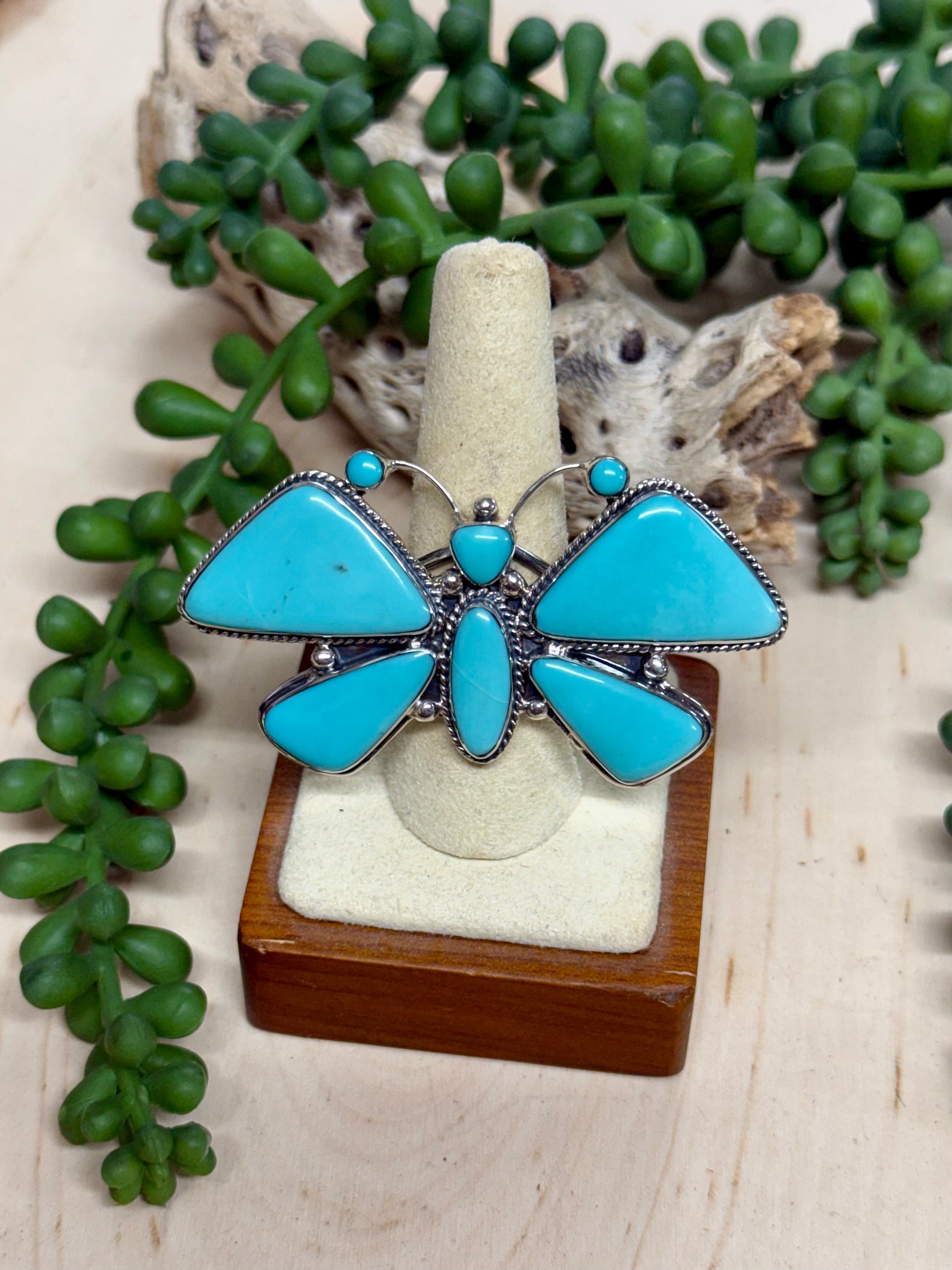 Southwest Handmade Kingman Turquoise & Sterling Silver Butterfly Ring Size 9.25