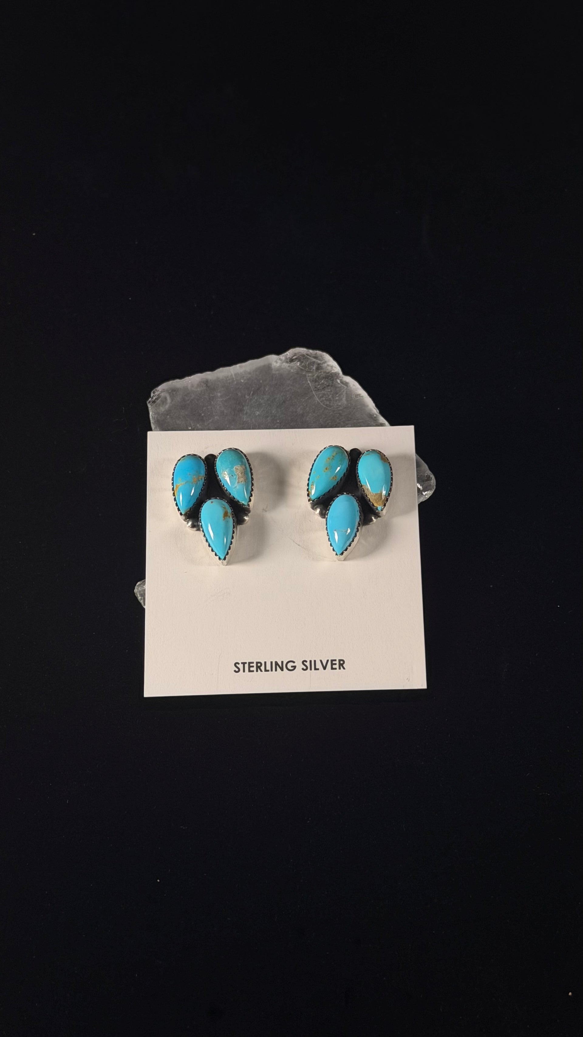 Navajo Made Kingman Turquoise & Sterling Silver Post Dangle Cluster Earrings