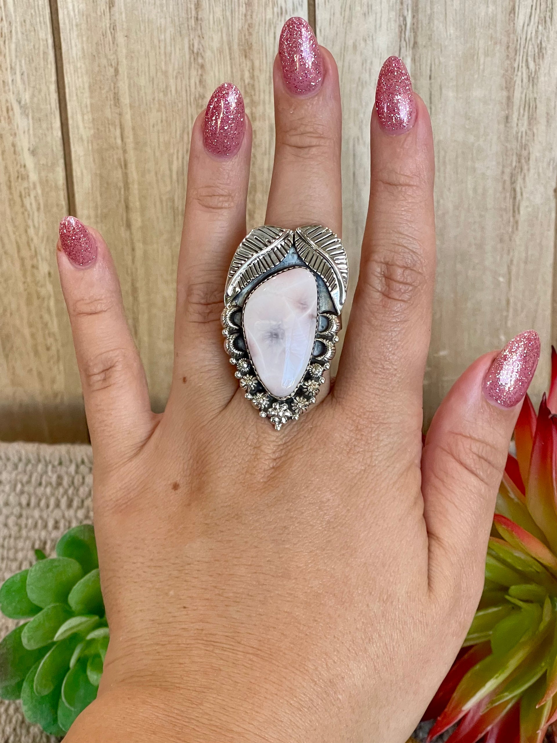 Southwest Handmade Pink Larimar & Sterling Silver Adjustable Ring