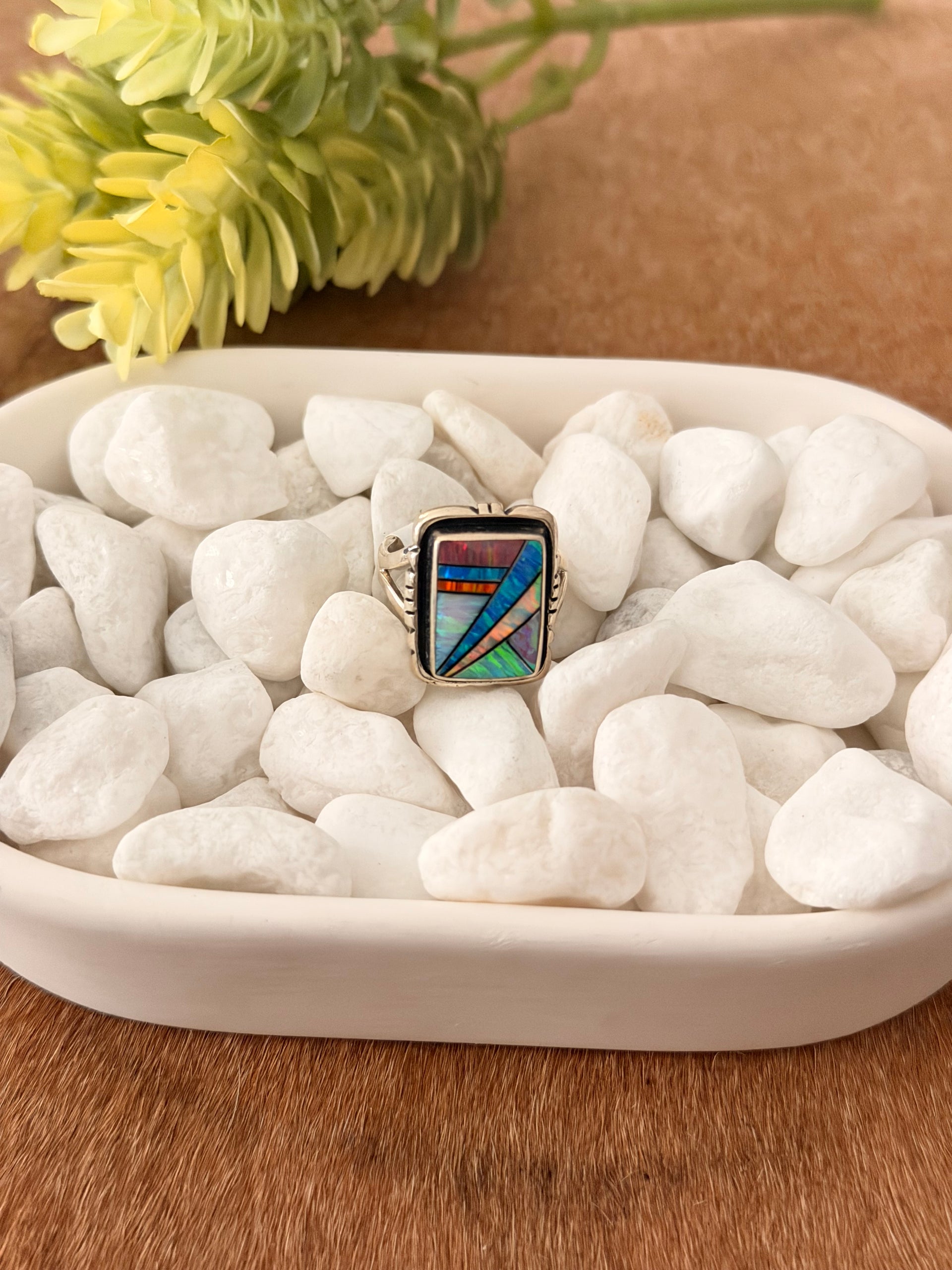Navajo Made Opal & Sterling Silver Inlay Ring Size 6.5