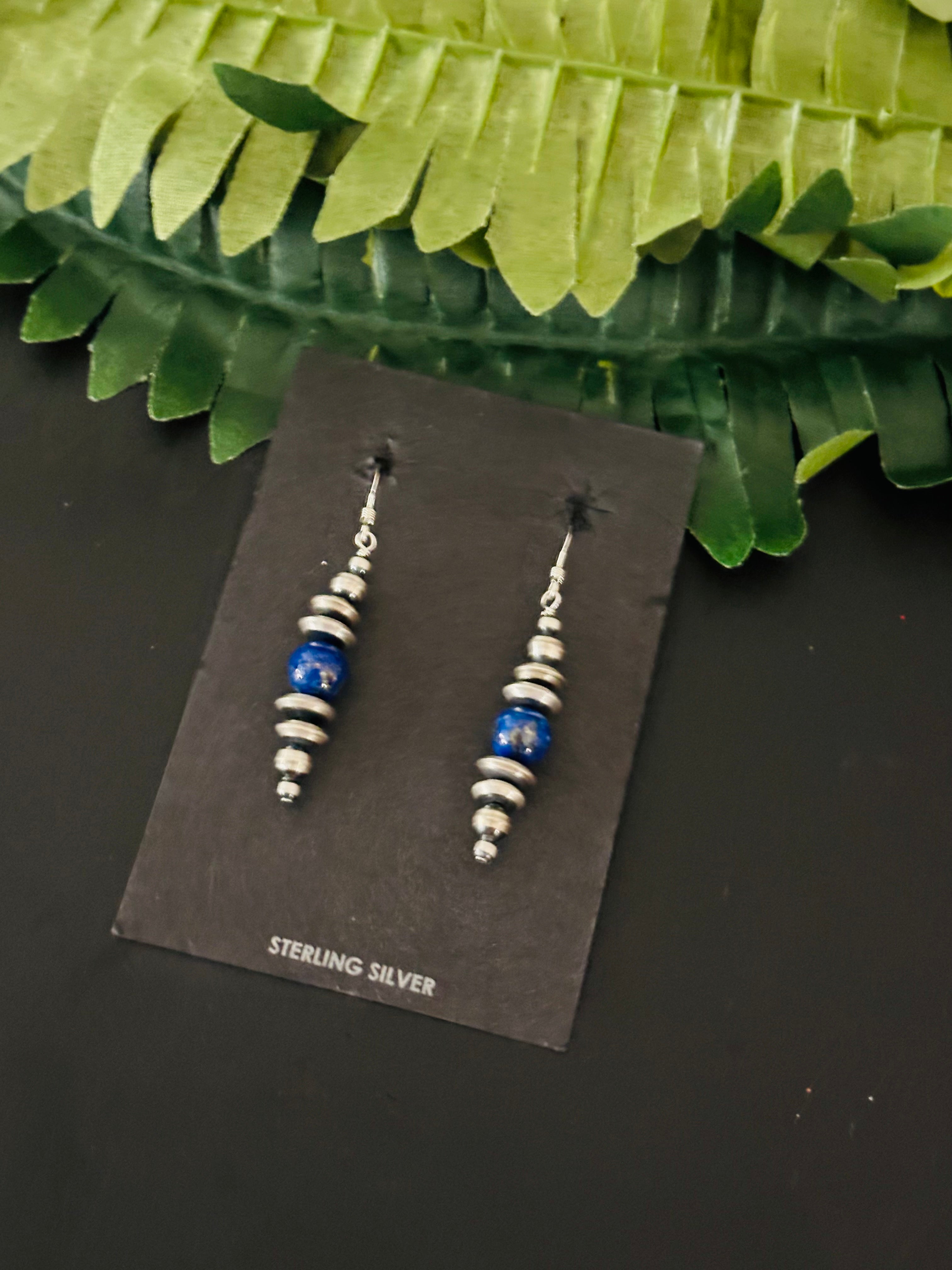 Navajo Strung Lapis & Sterling Silver Graduated Pearls Dangle Earrings