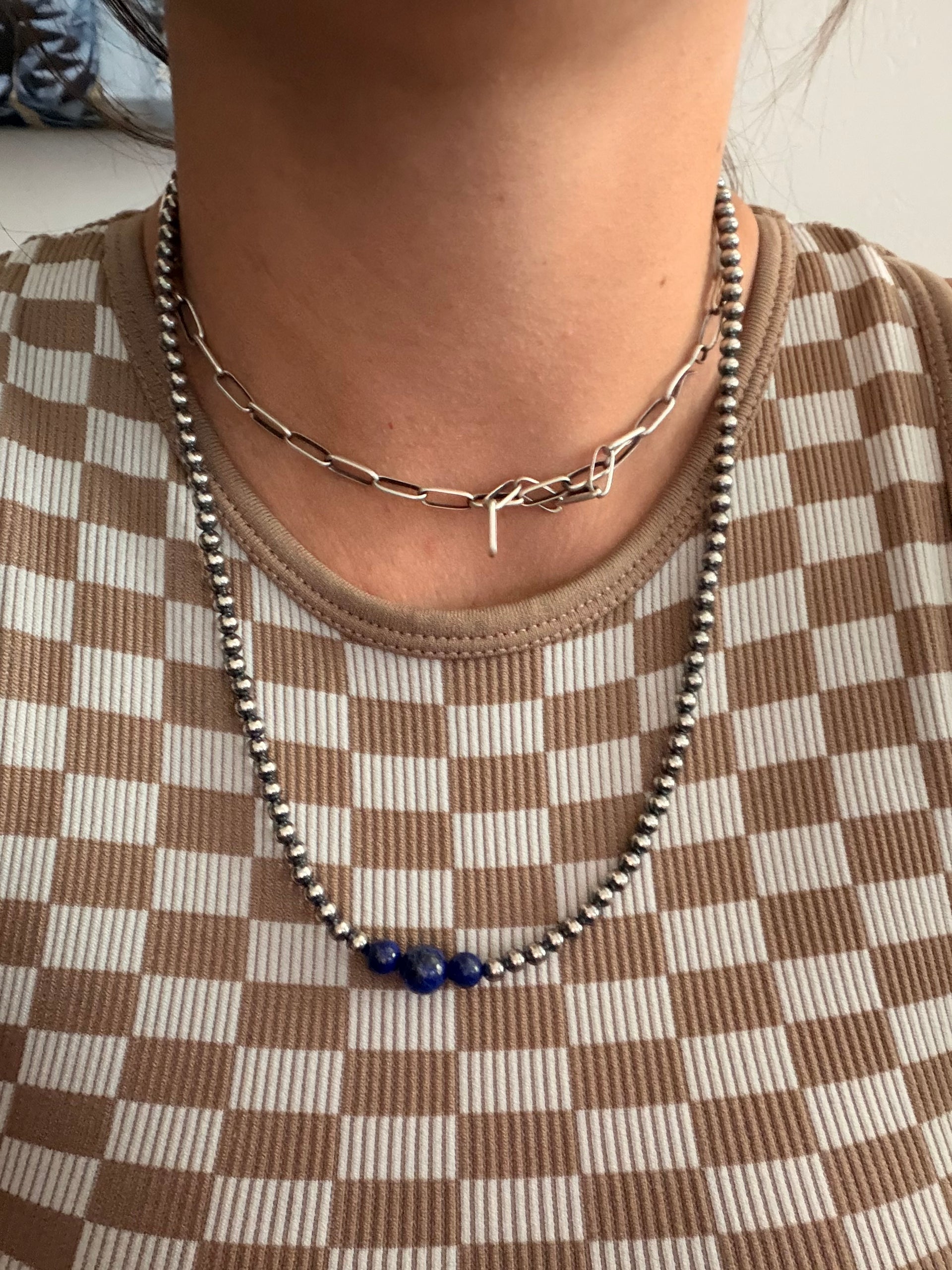 Navajo Strung Lapis & Sterling Silver Machine Made 20” Pearls Beaded Necklace