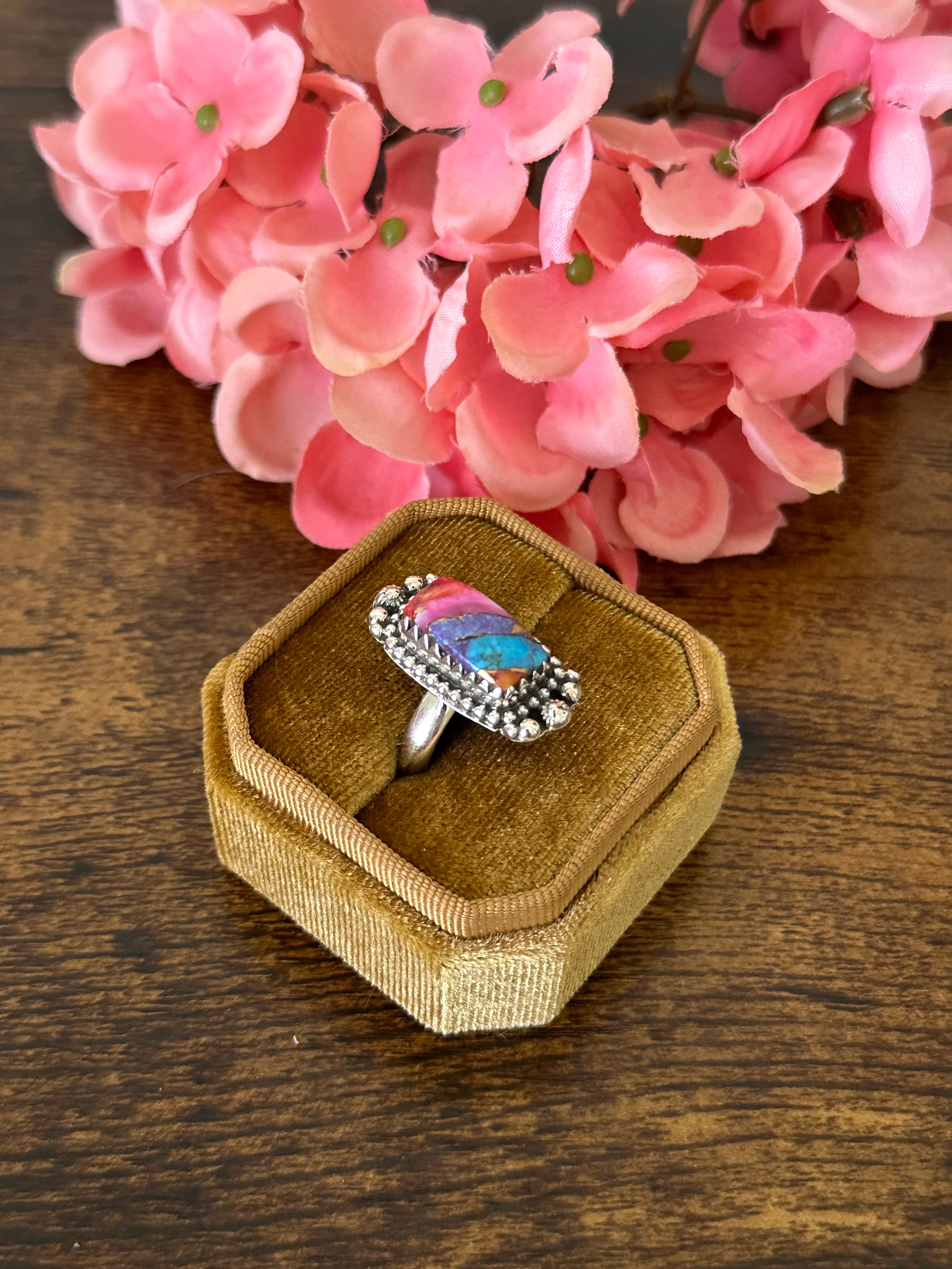 Southwest Handmade Pink Mohave Turquoise & Sterling Silver Ring Size 6.5