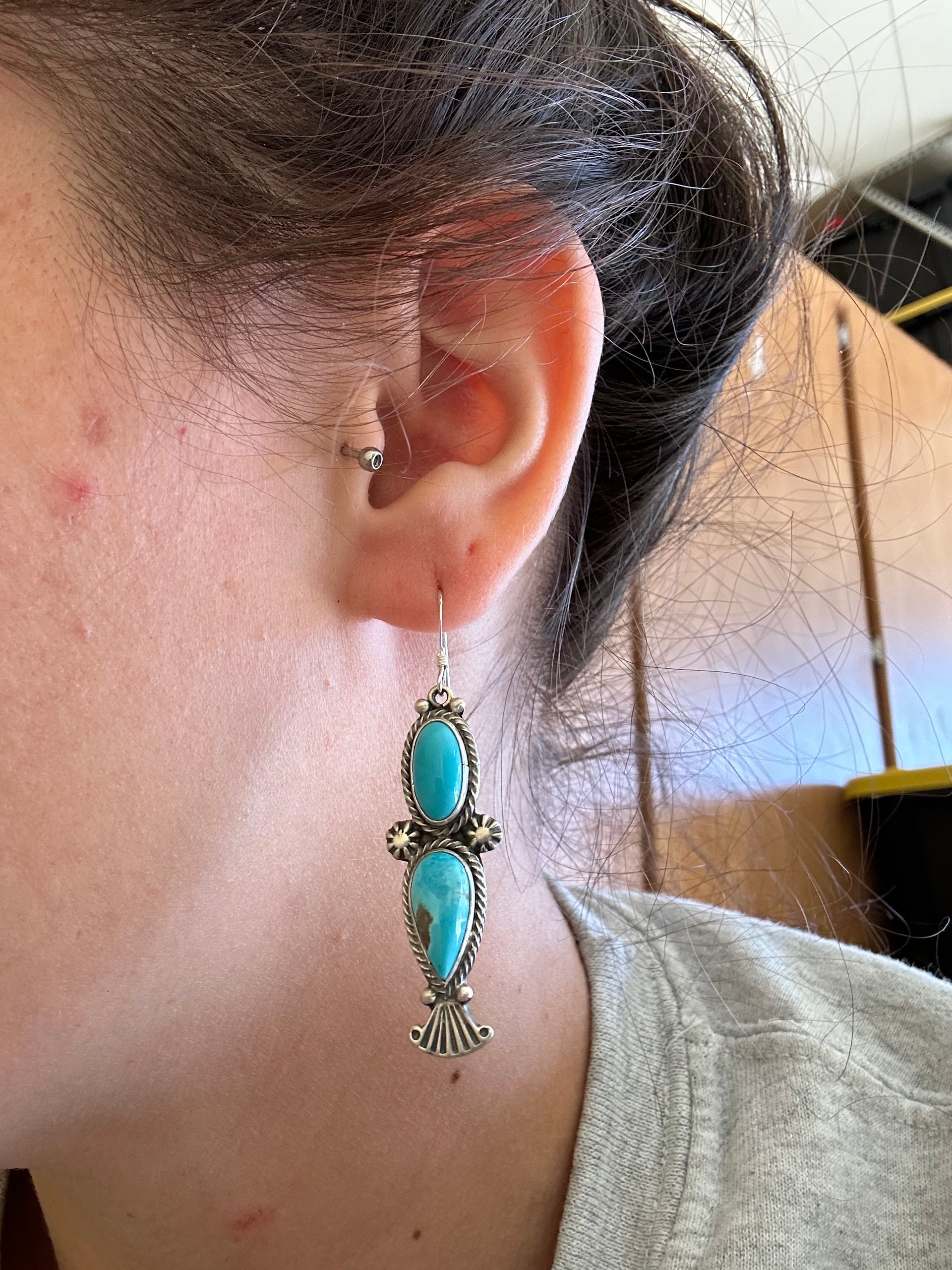 Navajo Made Kingman Turquoise & Sterling Silver Dangle Earrings