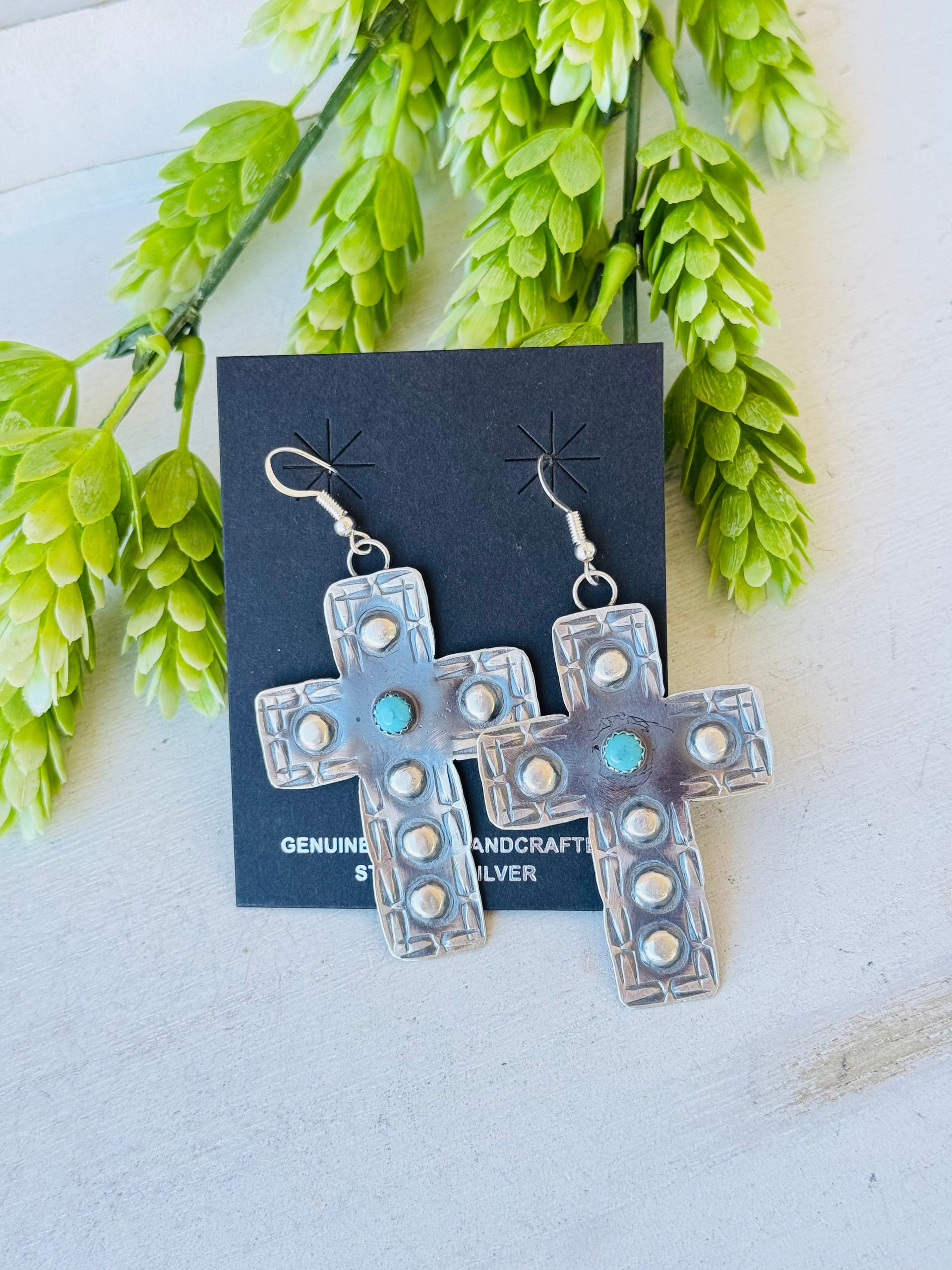Tim Yazzie Kingman Turquoise & Sterling Silver Dangle Cross Earrings