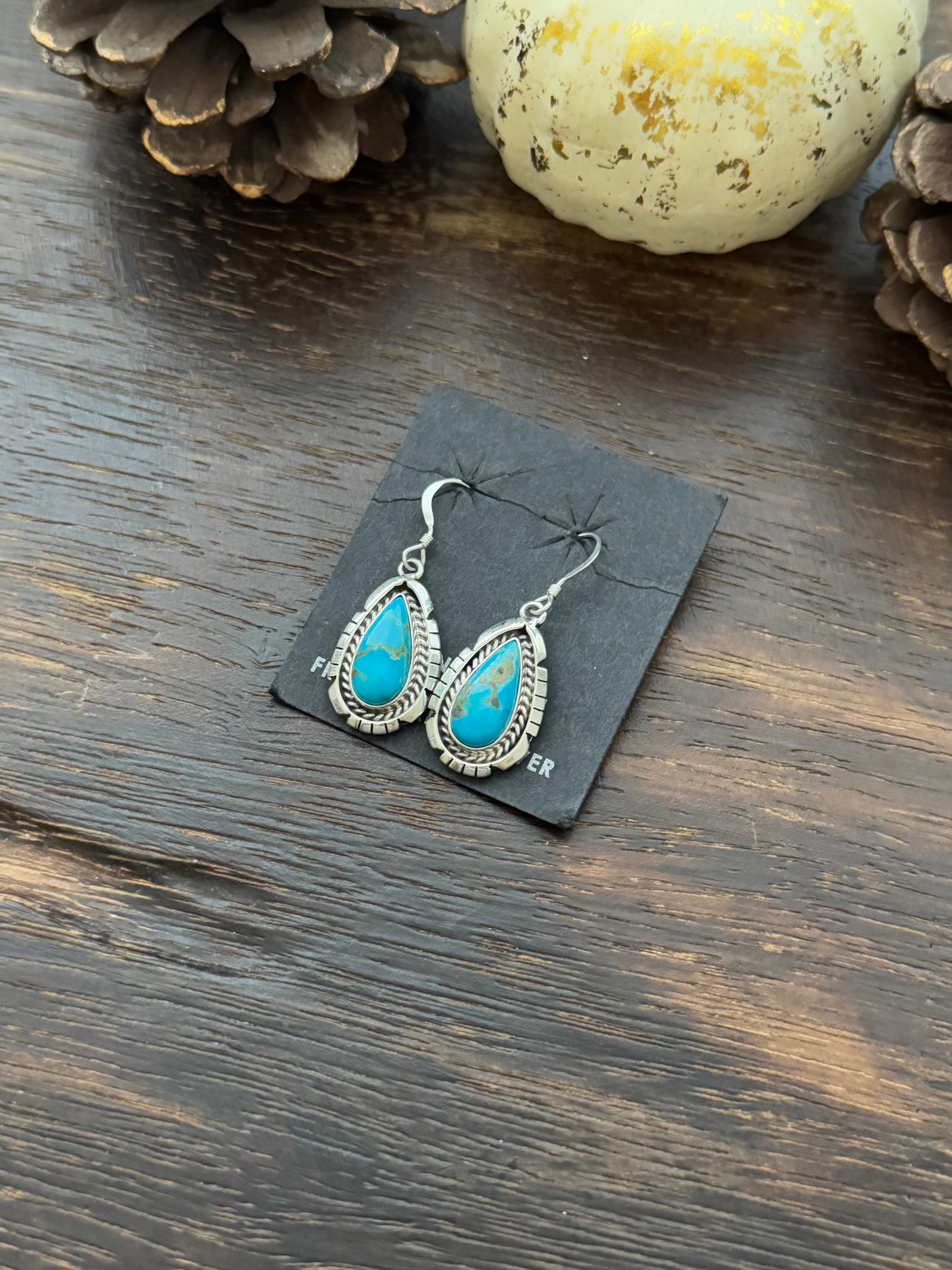 Navajo Made Kingman Turquoise & Sterling Silver Dangle Earrings