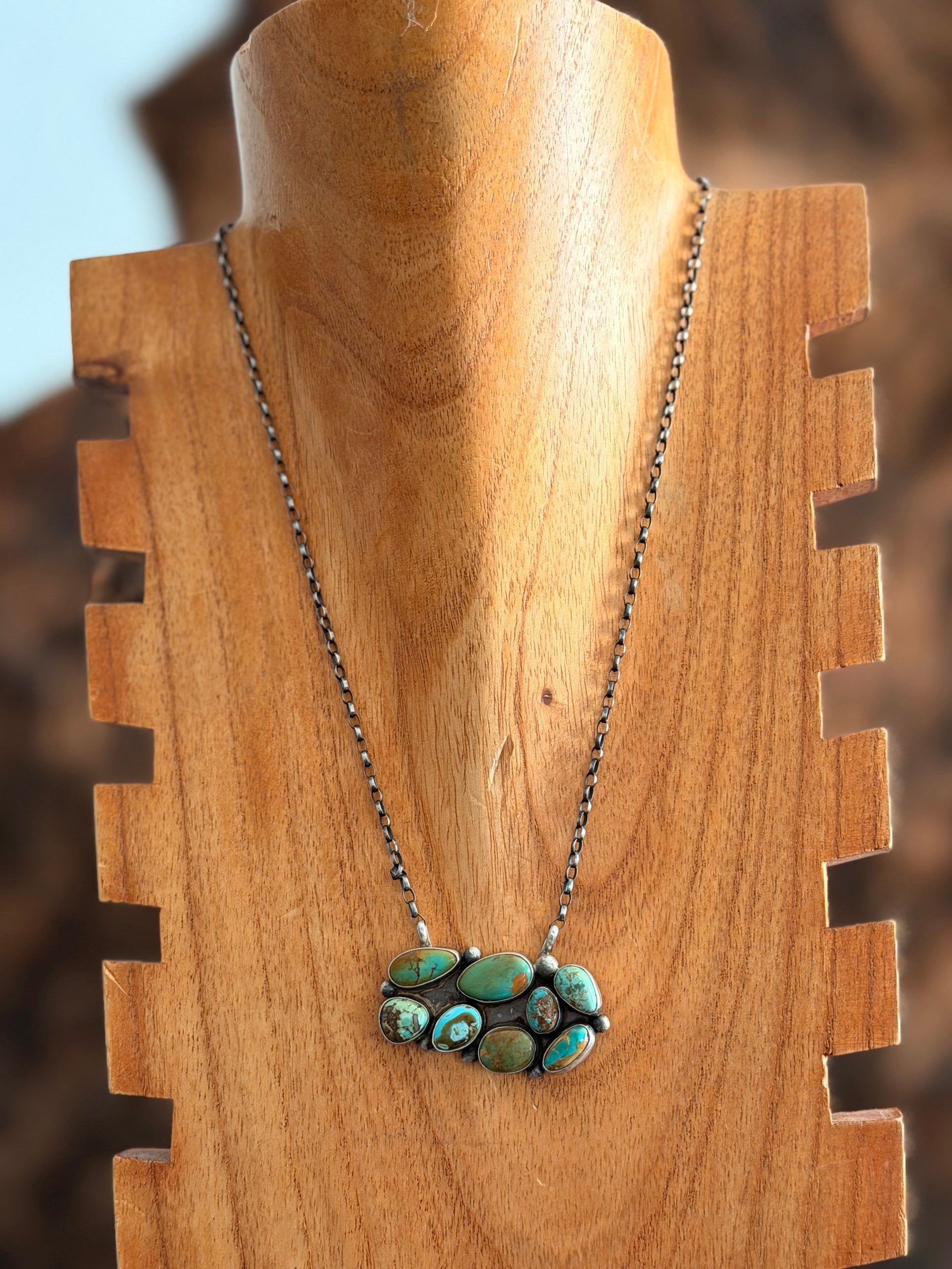 Navajo Made Royston Turquoise & Sterling Silver Cluster Necklace