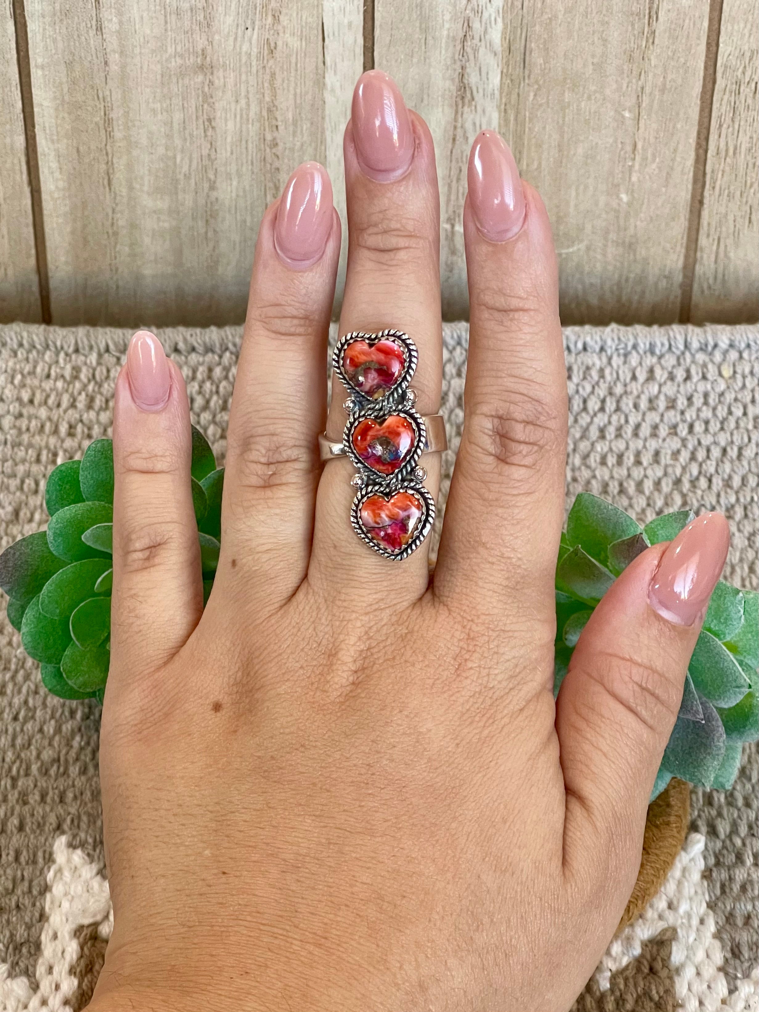 Southwest Handmade Pink Mohave & Sterling Silver Adjustable 3 Stone Heart  Ring