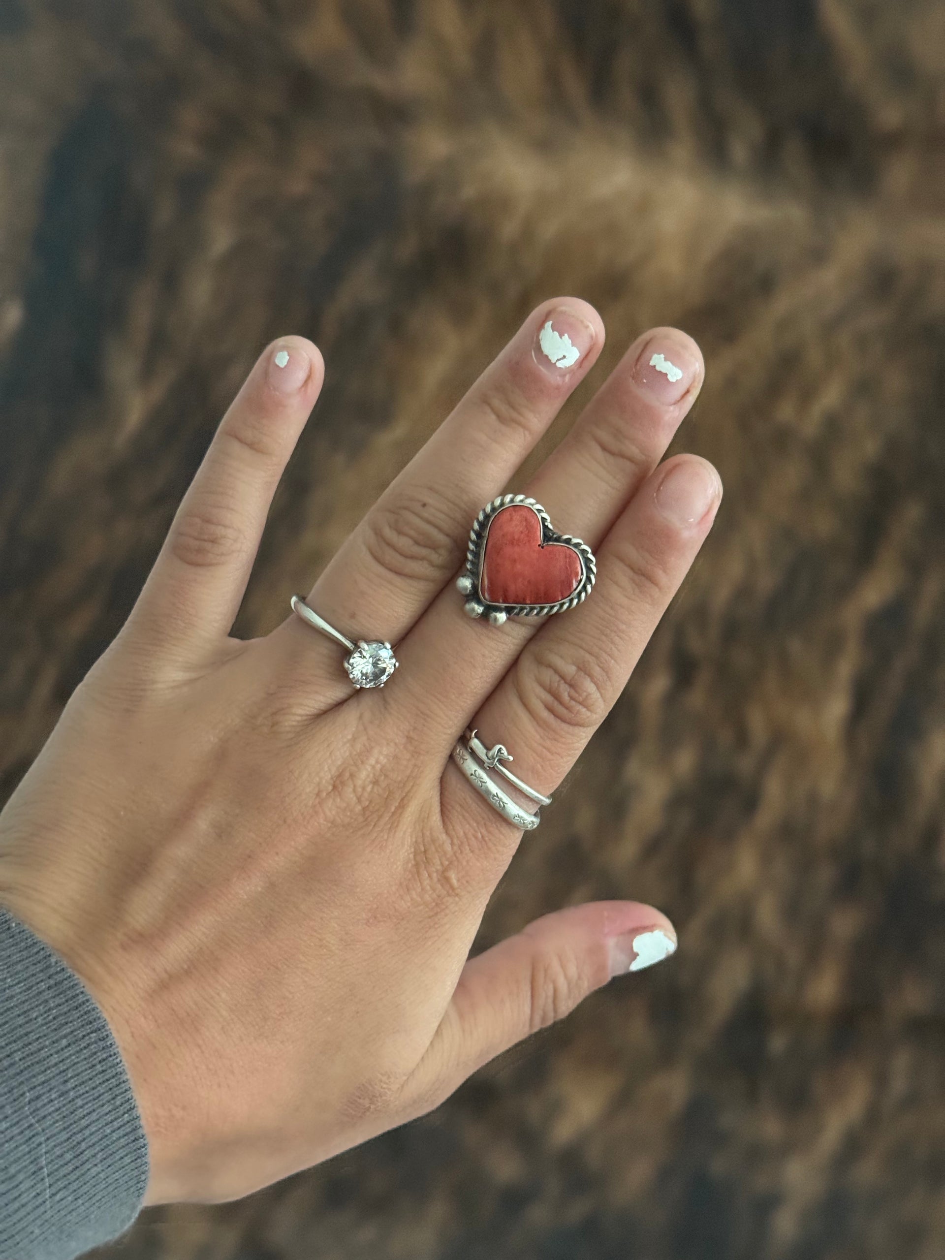 Navajo Made Red Spiny Oyster & Sterling Silver Adjustable Heart Ring