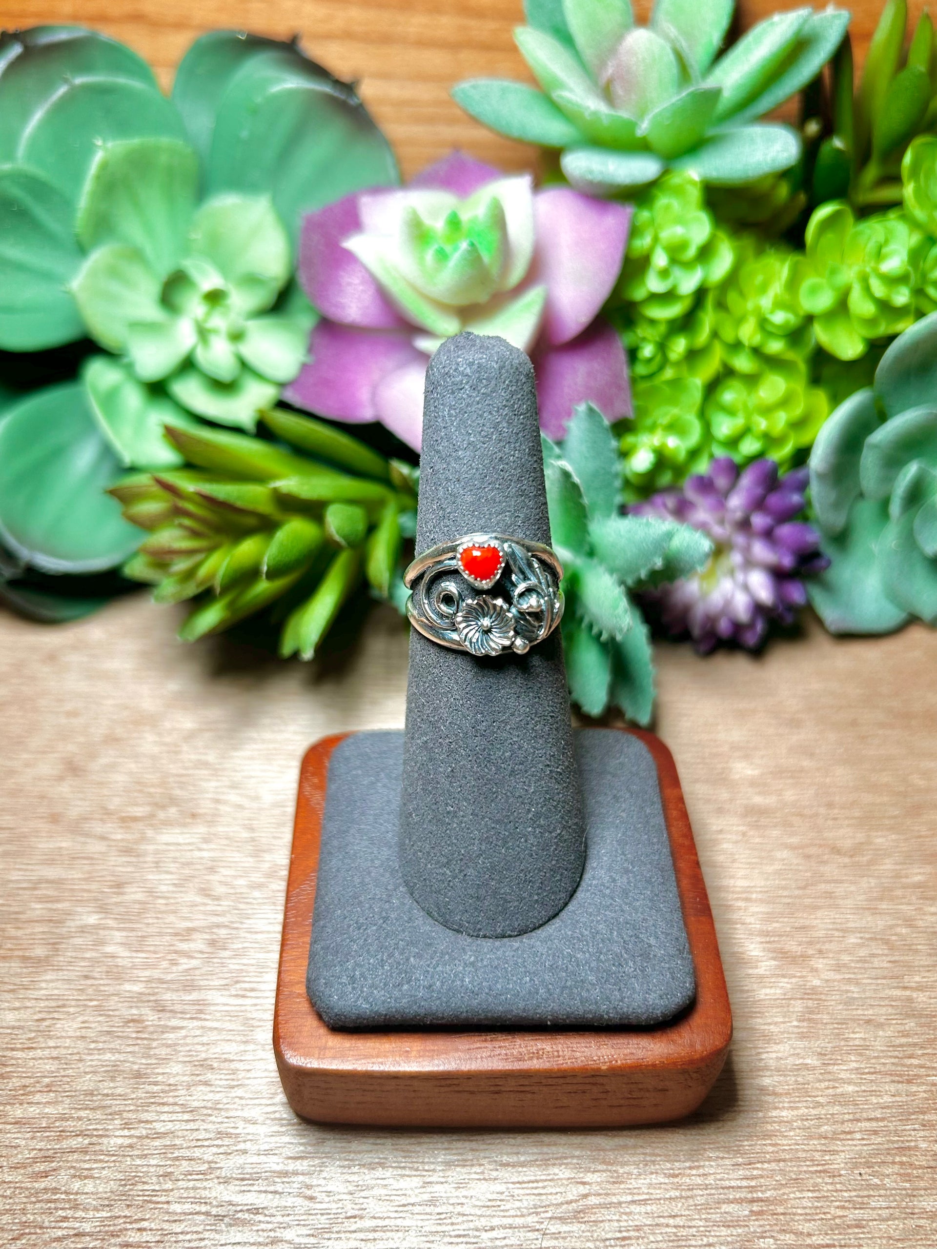 Navajo Made Coral & Sterling Silver Ring