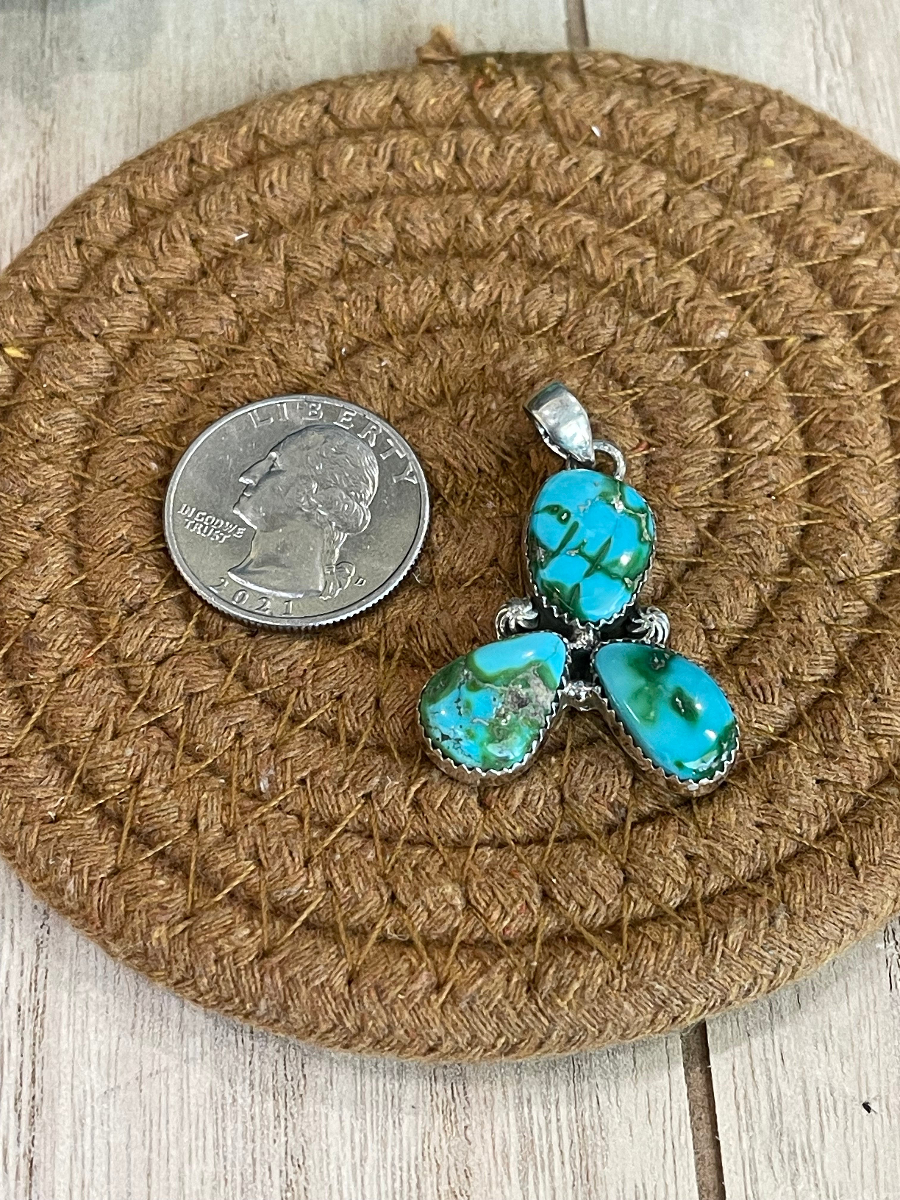 Southwest Handmade Sonoran Mountain Turquoise & Sterling Silver 3 Stone Pendant