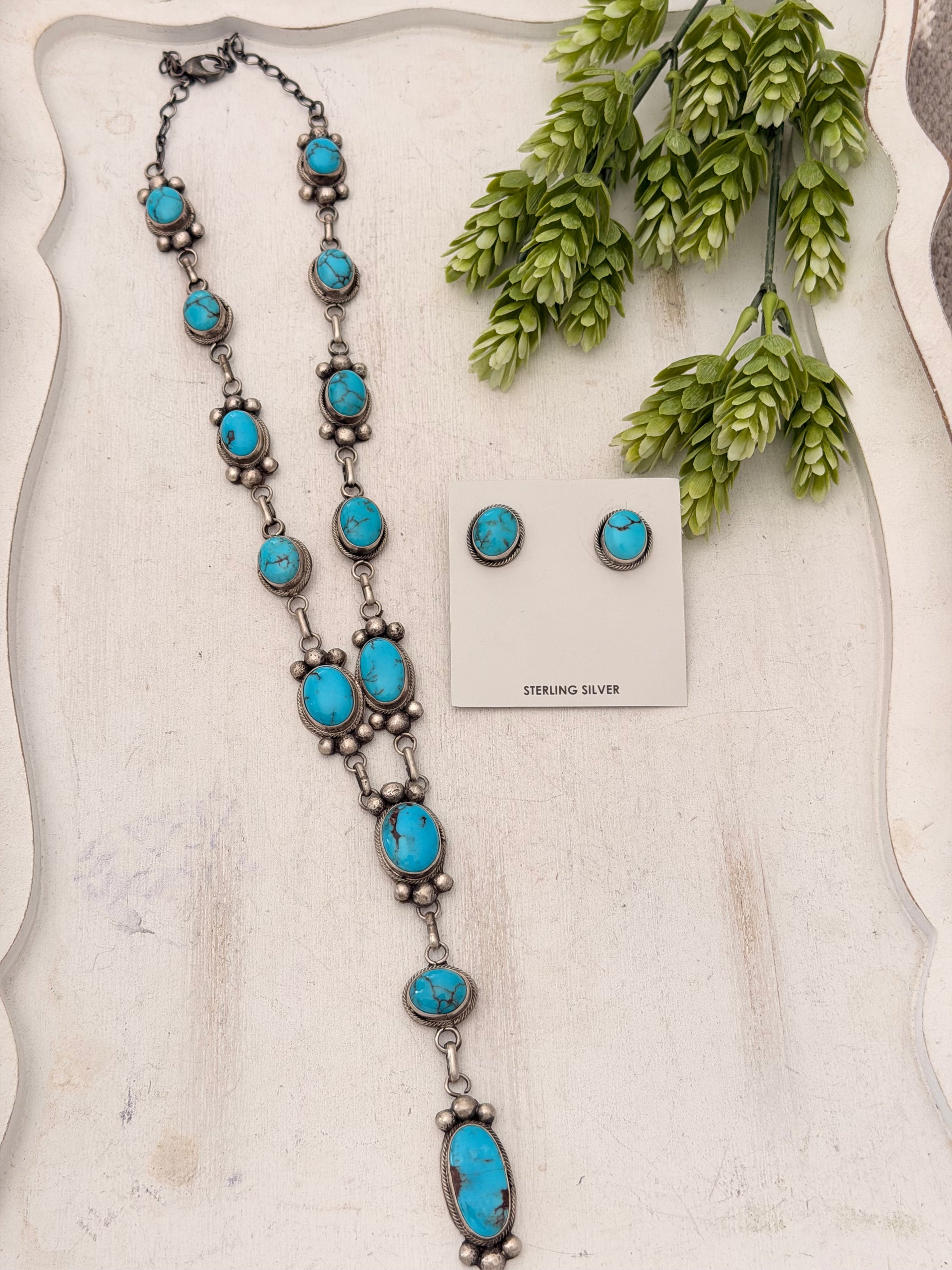 Navajo Made Egyptian Prince Turquoise & Sterling Silver Lariat Necklace Set