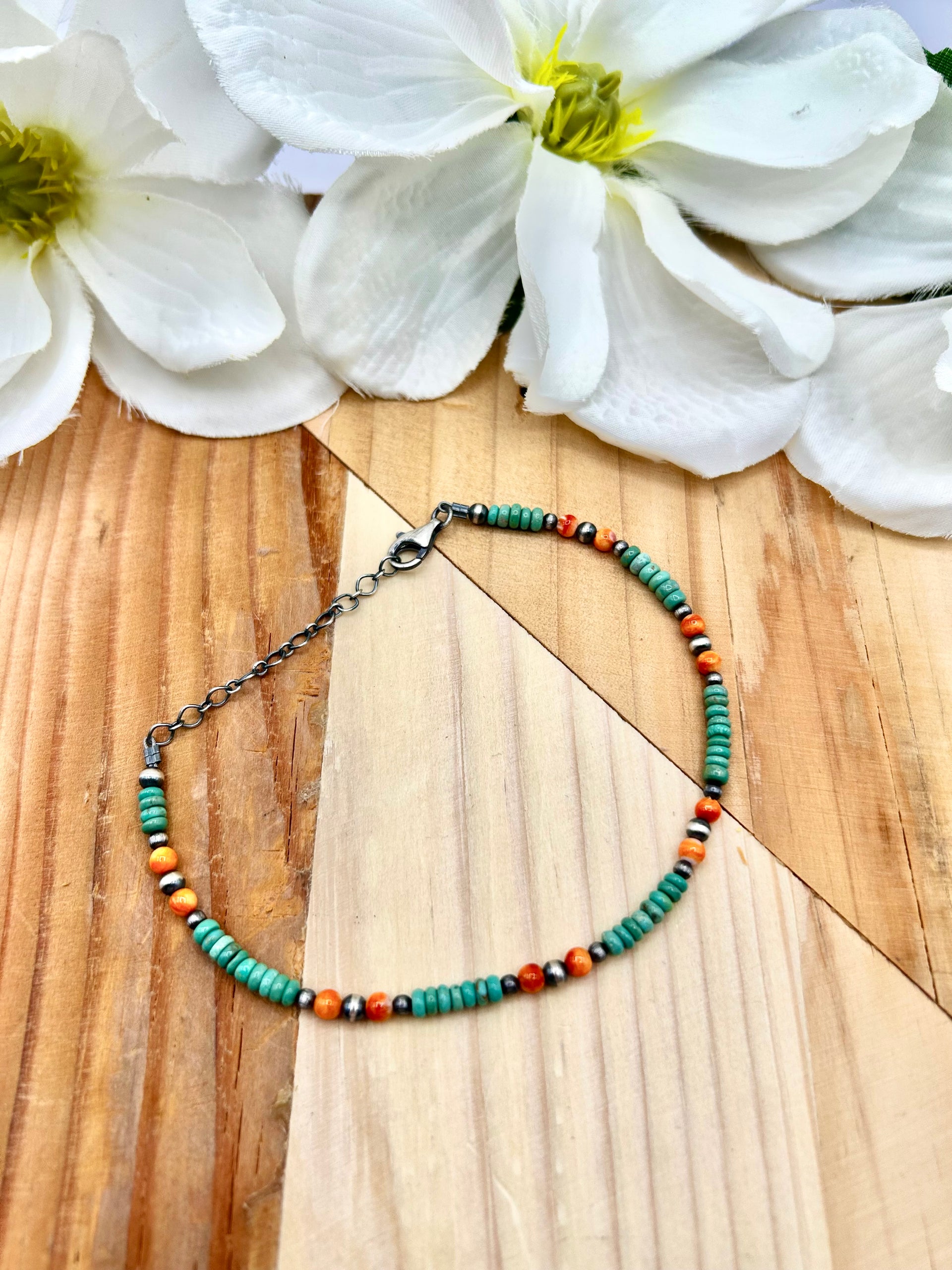 Navajo Made Multi Stone & Sterling Silver Strung Anklet