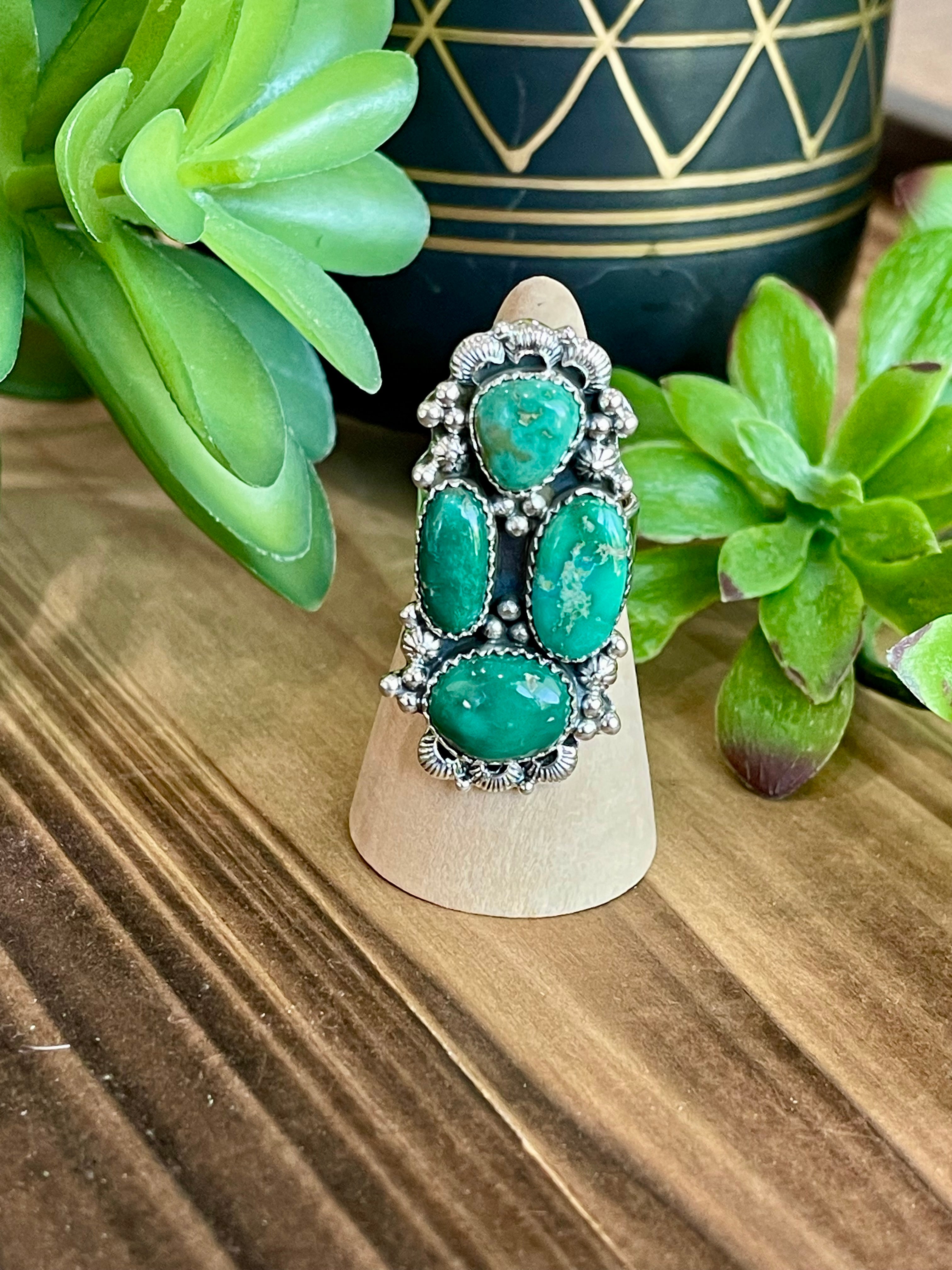 Southwest Handmade Emerald Valley Turquoise & Sterling Silver Adjustable Cluster Ring