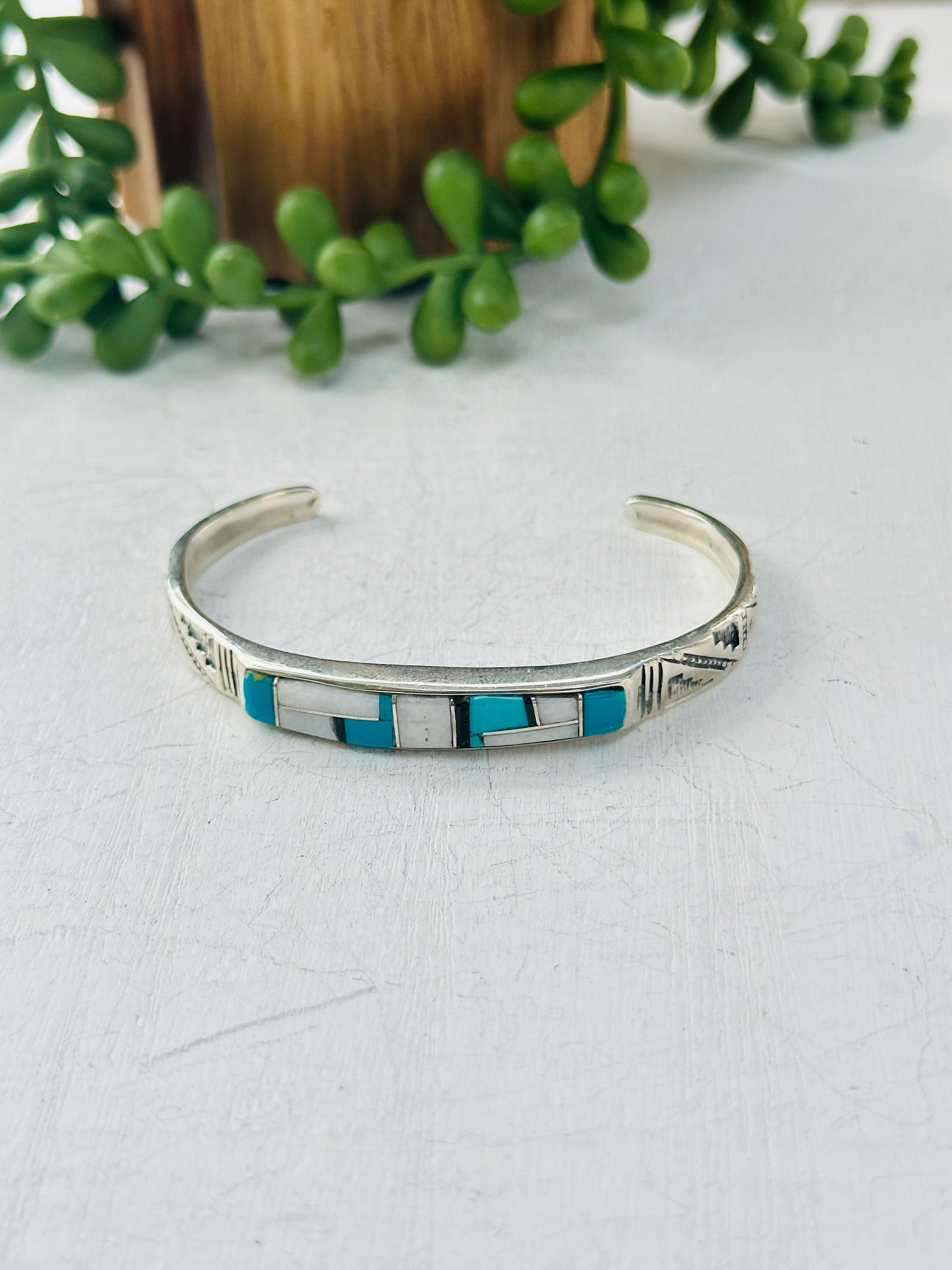 Navajo Made Multi Stone & Sterling Silver Inlay Cuff Bracelet