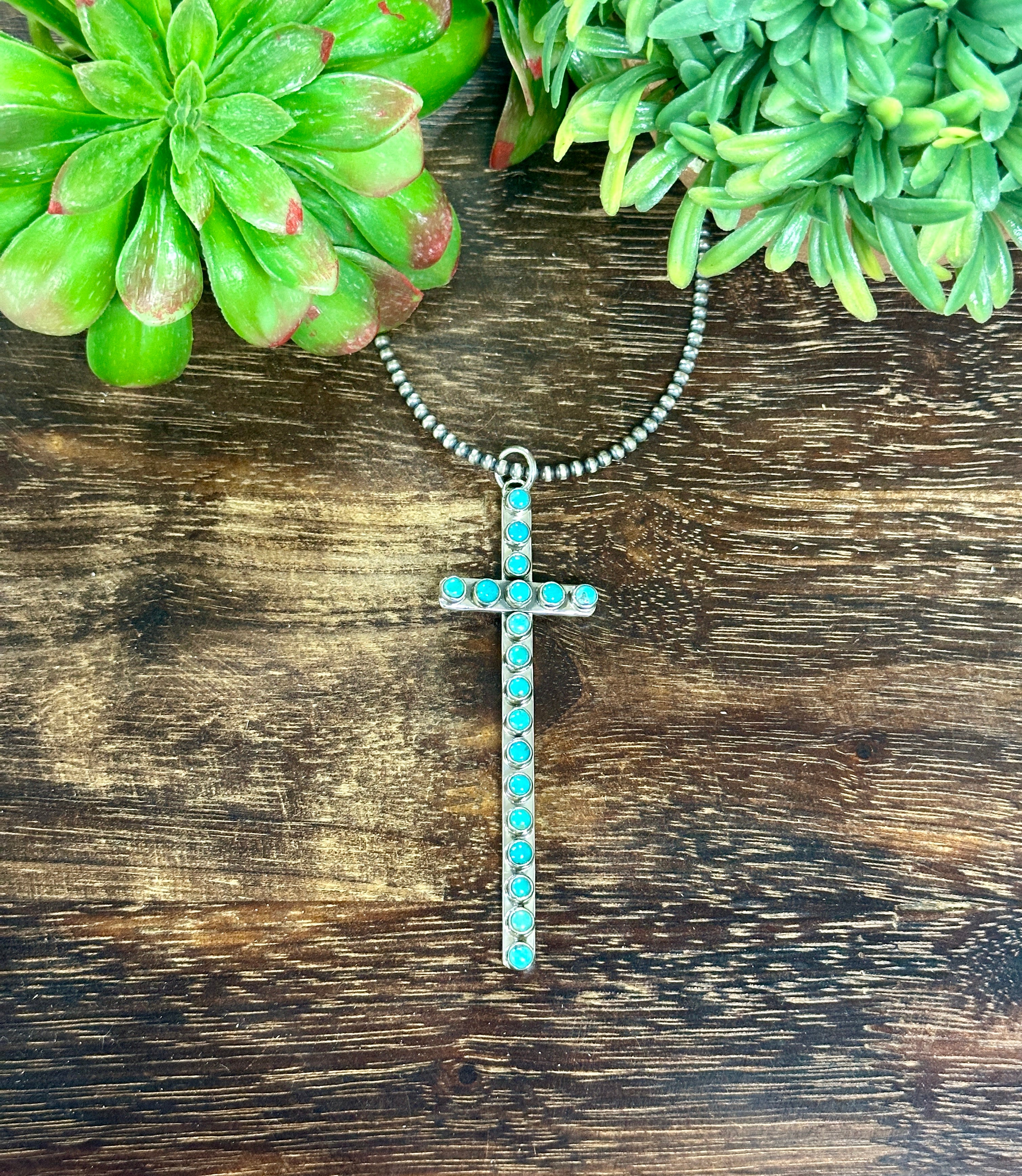 Southwest Handmade Kingman Turquoise & Sterling Silver Cross Pendant