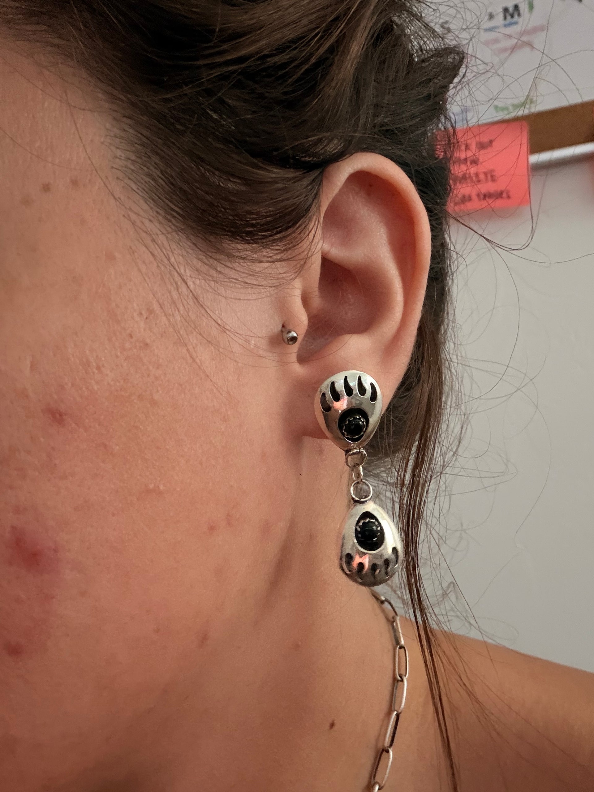 Navajo Made Onyx & Sterling Silver Post Dangle Bear Claw Earrings