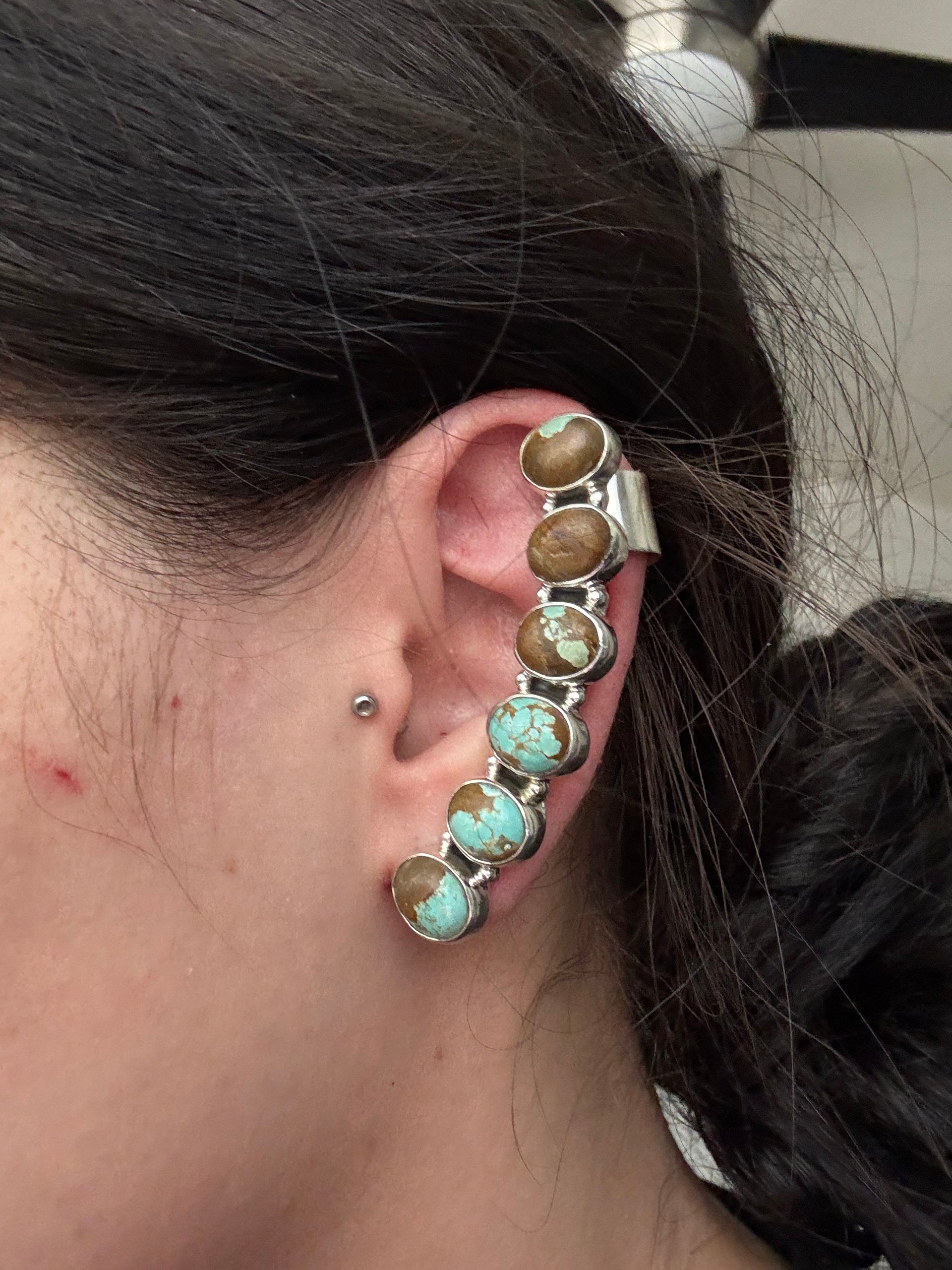 Southwest Handmade #8 Turquoise & Sterling Silver Post Ear Climber Earrings