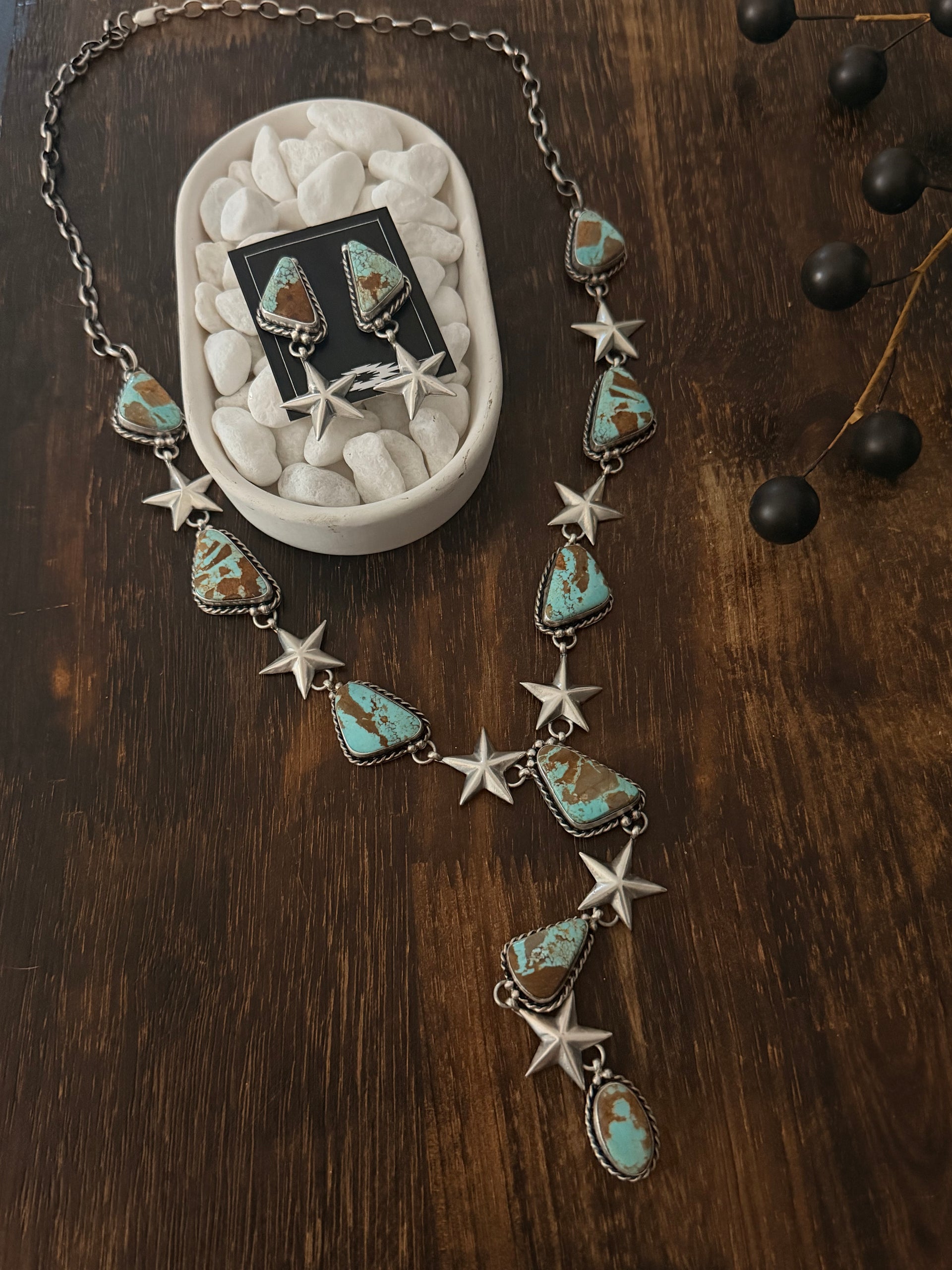 Larry Kaye Mine 8 Turquoise and Sterling Silver Lariat Necklace Set