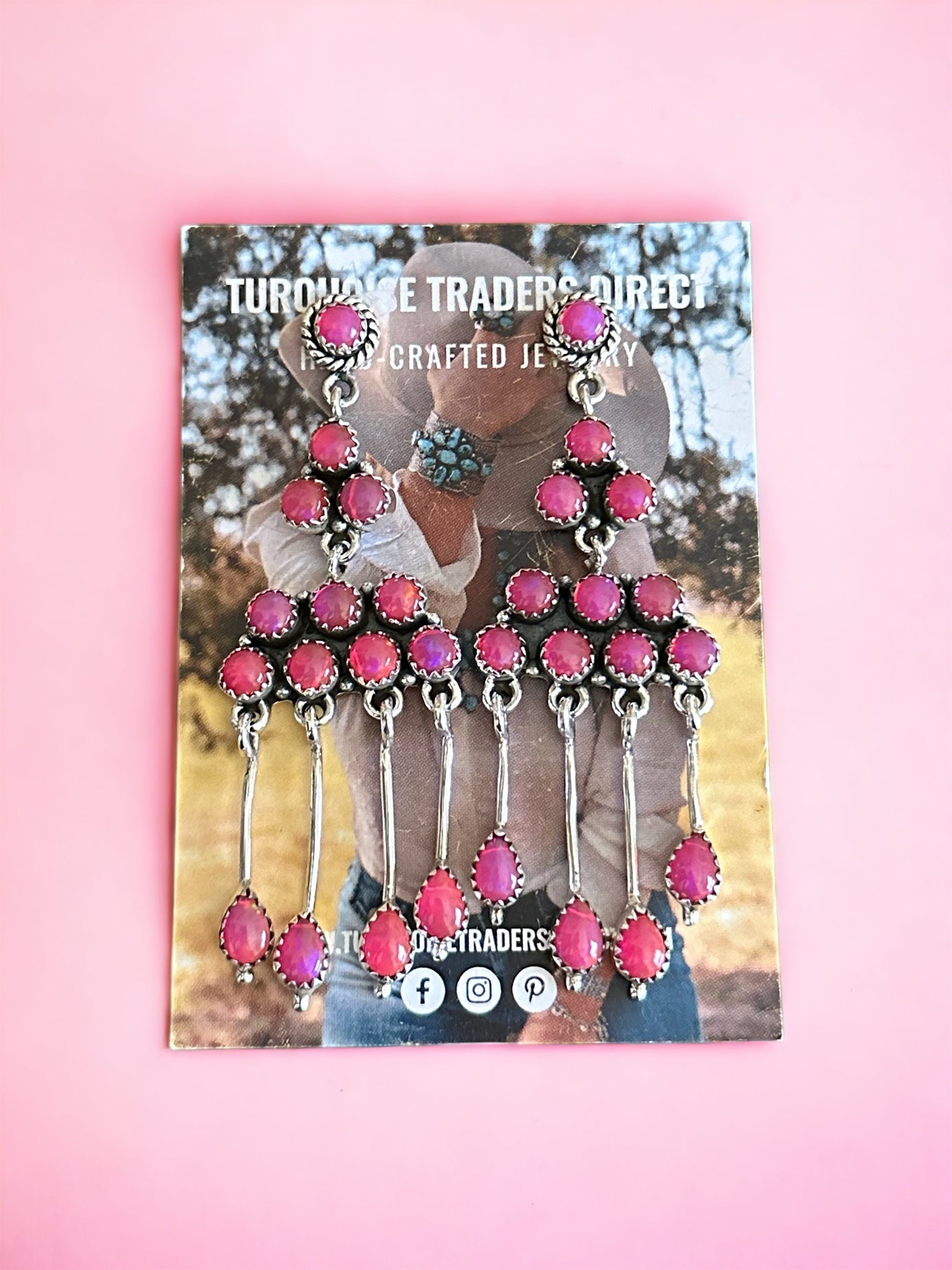 Southwest Handmade Pink Opal & Sterling Silver Post Dangle Cluster Earrings