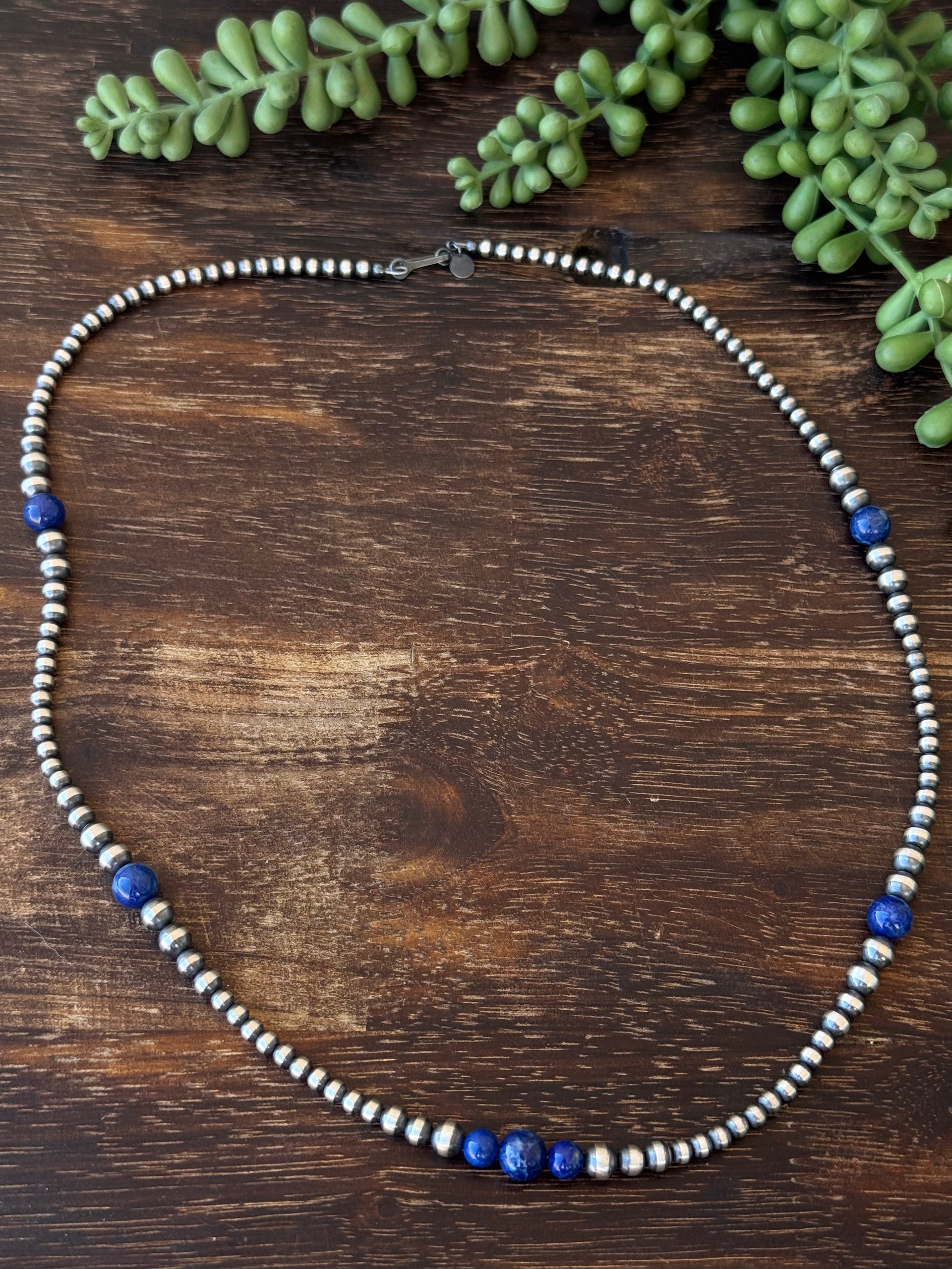Navajo Strung Lapis & Sterling Silver Graduated Pearl Necklace