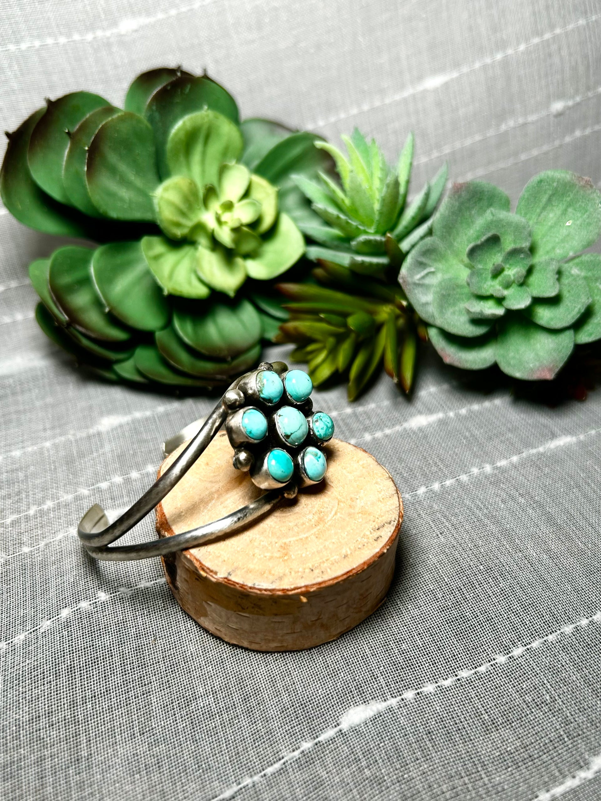 Navajo Made Mixed Turquoise & Sterling Silver Cluster Cuff Bracelet