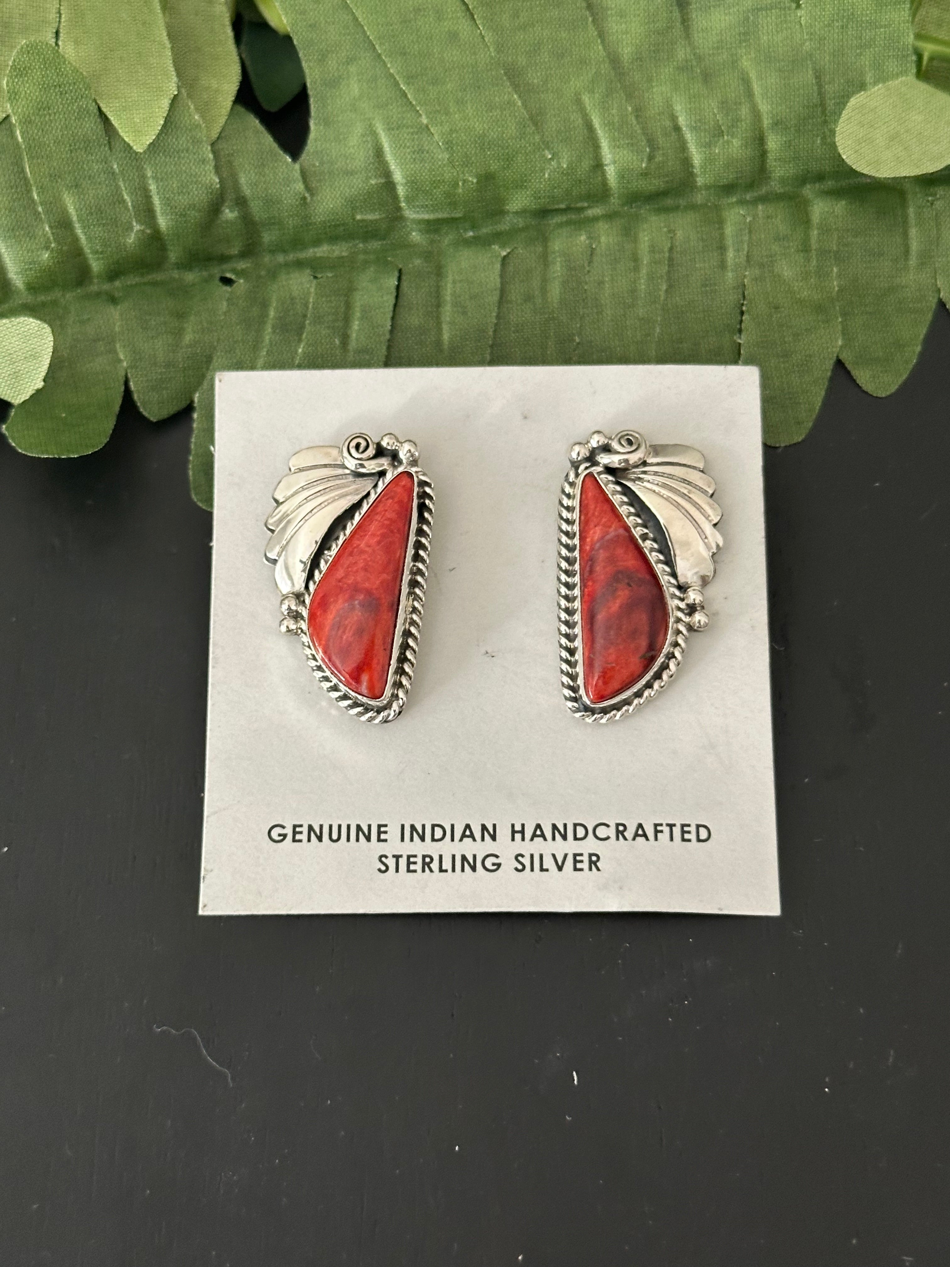 Julia Etsitty Spiny Oyster & Sterling Silver Feather Post Dangle Earrings