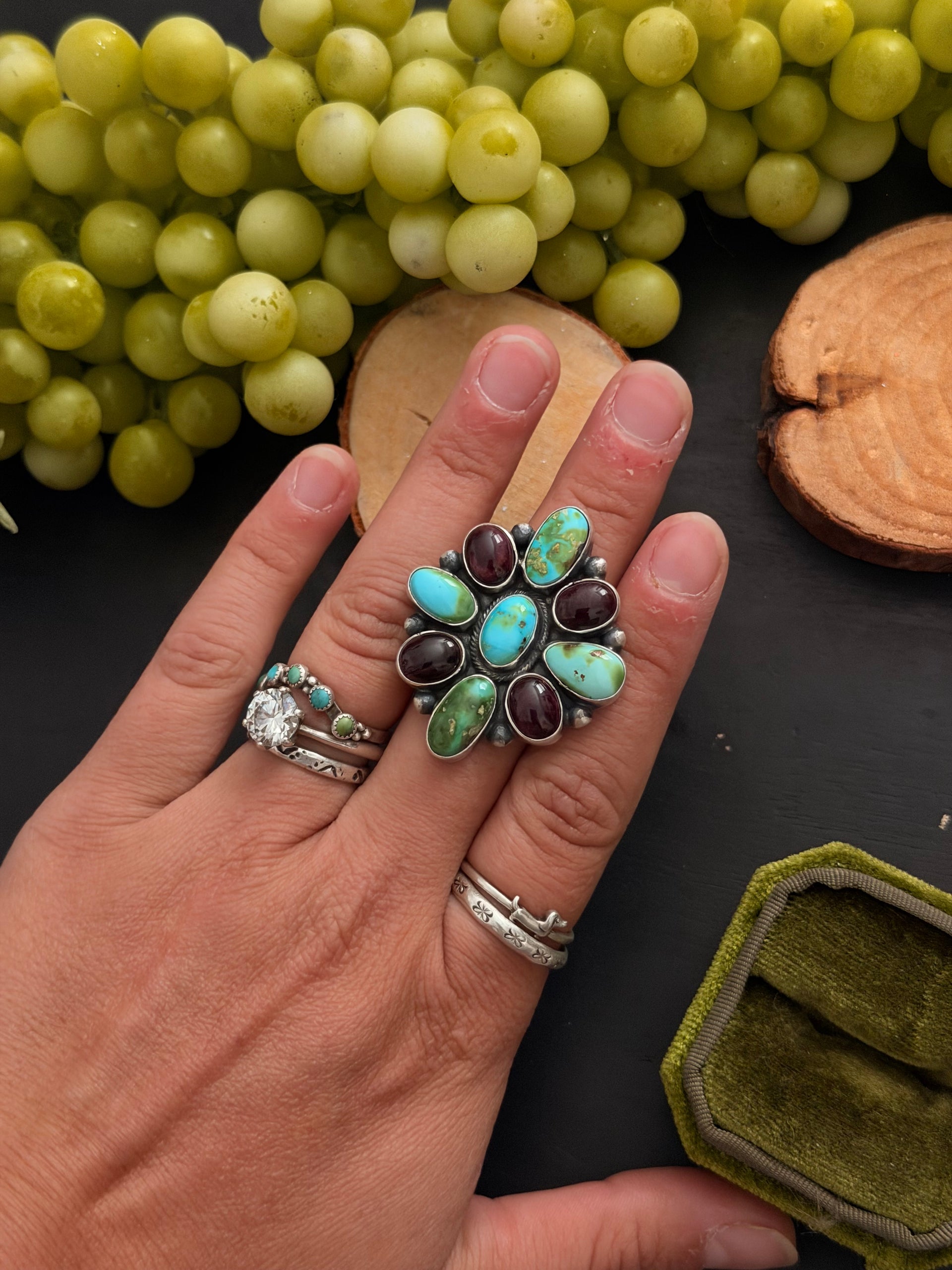 Sharon Francisco Multi Stone & Sterling Silver Cluster Ring Size 7.75