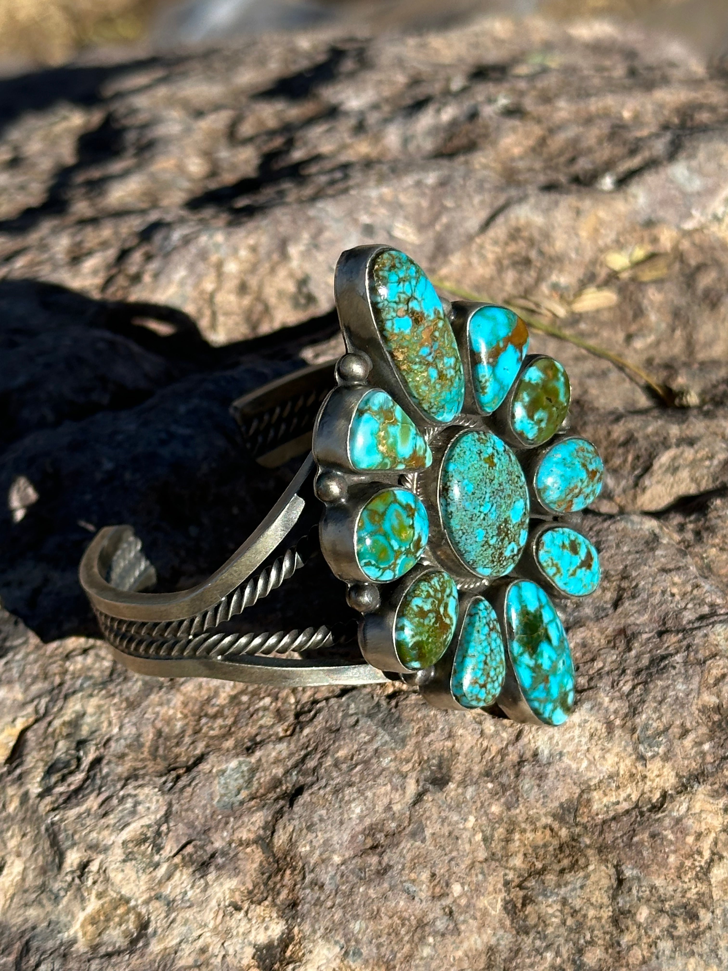 Navajo Made High Grade Kingman Turquoise & Sterling Silver Cuff Bracelet