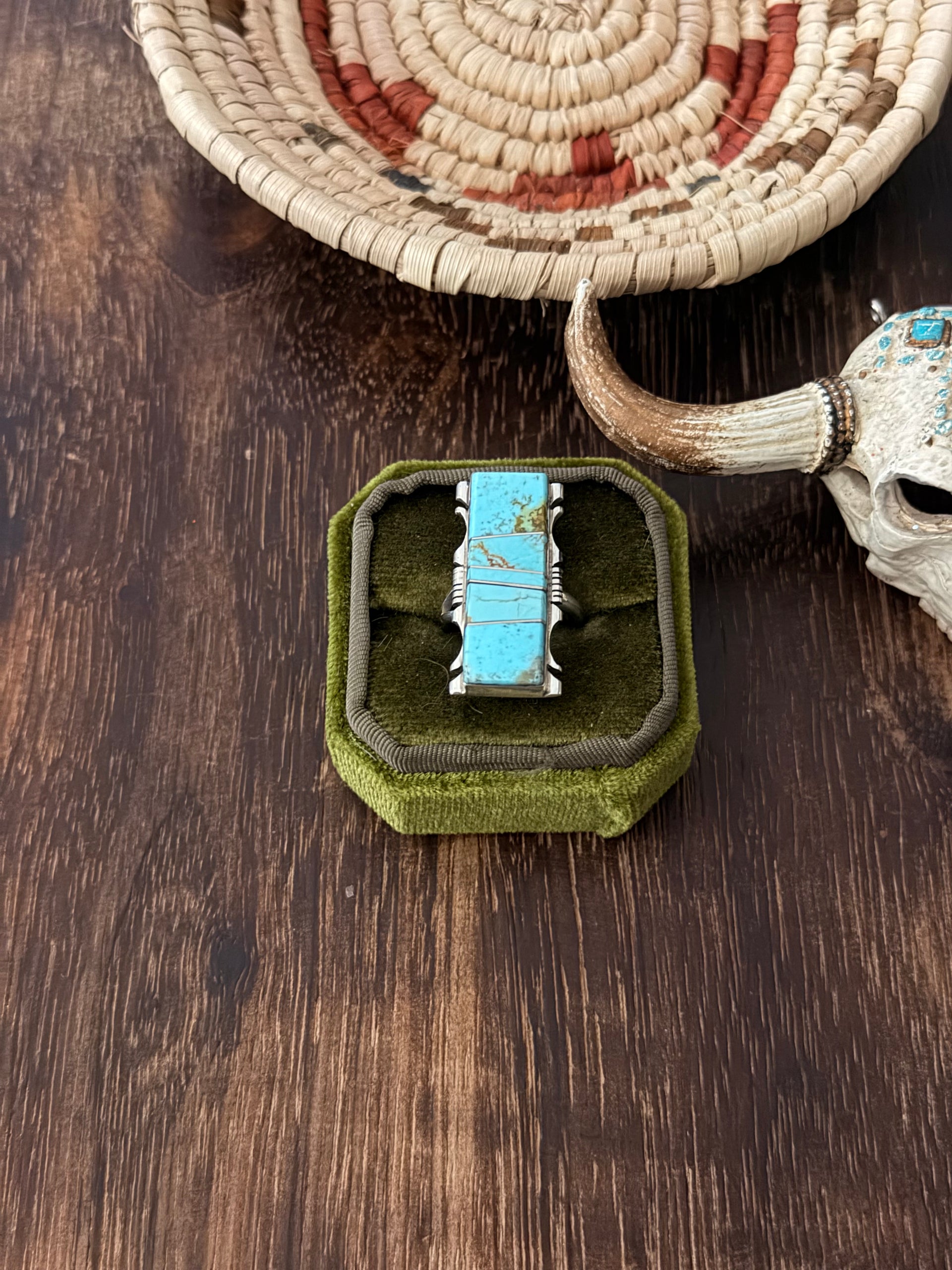 Steve Francisco Mine #8 Turquoise & Sterling Sliver Inlay Adjustable Ring