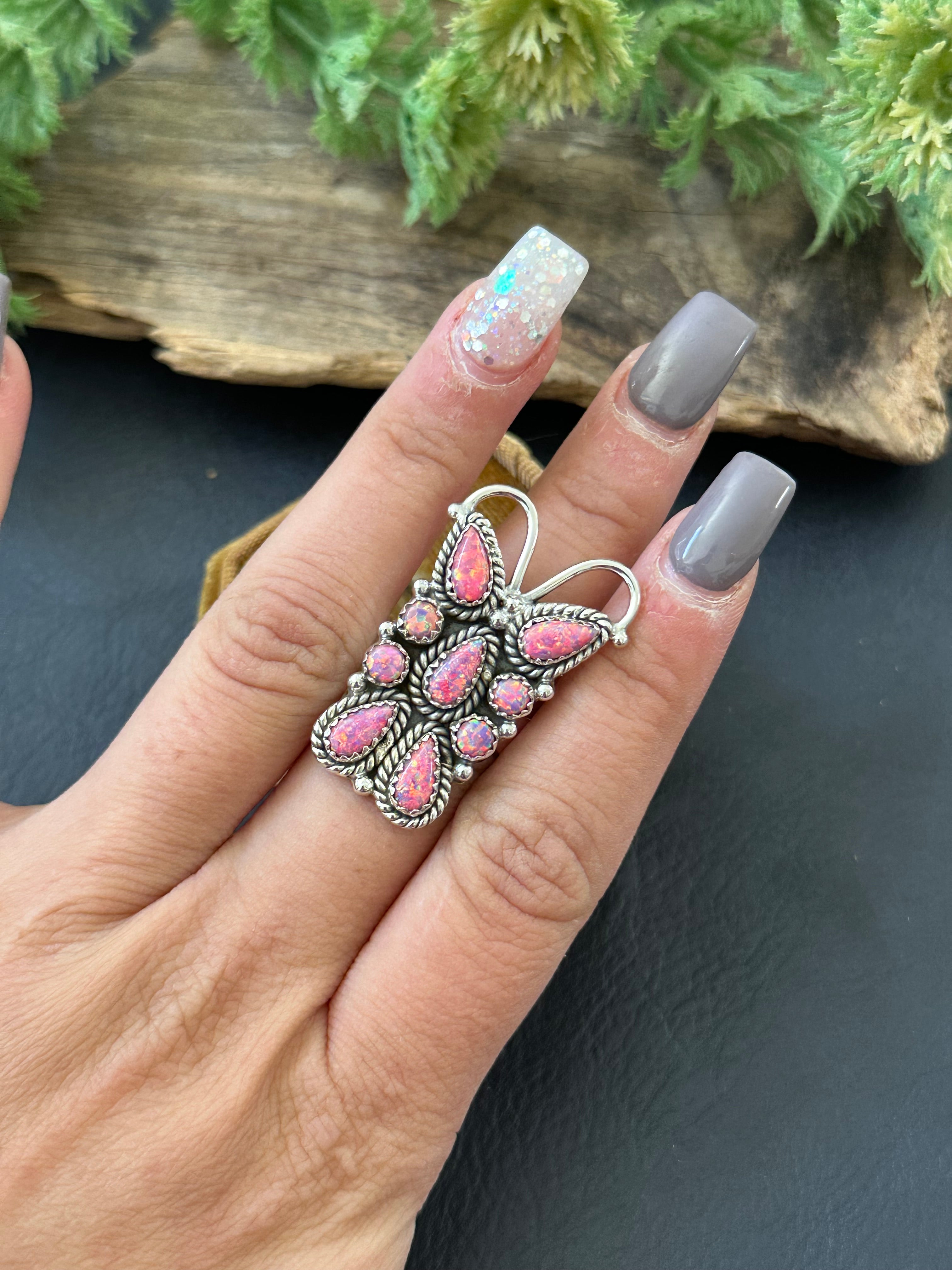 TTD “K’aalógii” Pink Opal & Sterling Silver Adjustable Cluster Ring