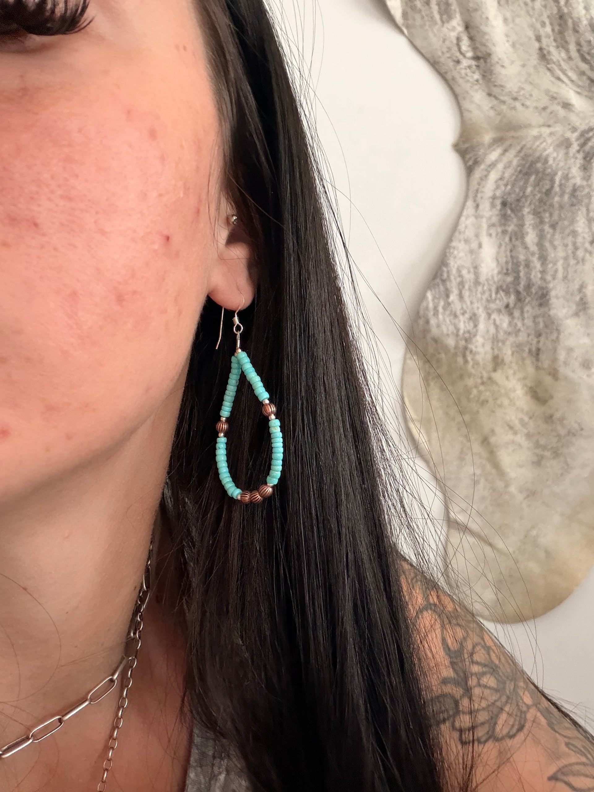 Navajo Strung Campitos Turquoise & Copper Graduated Machine Made Pearls Dangle Earrings