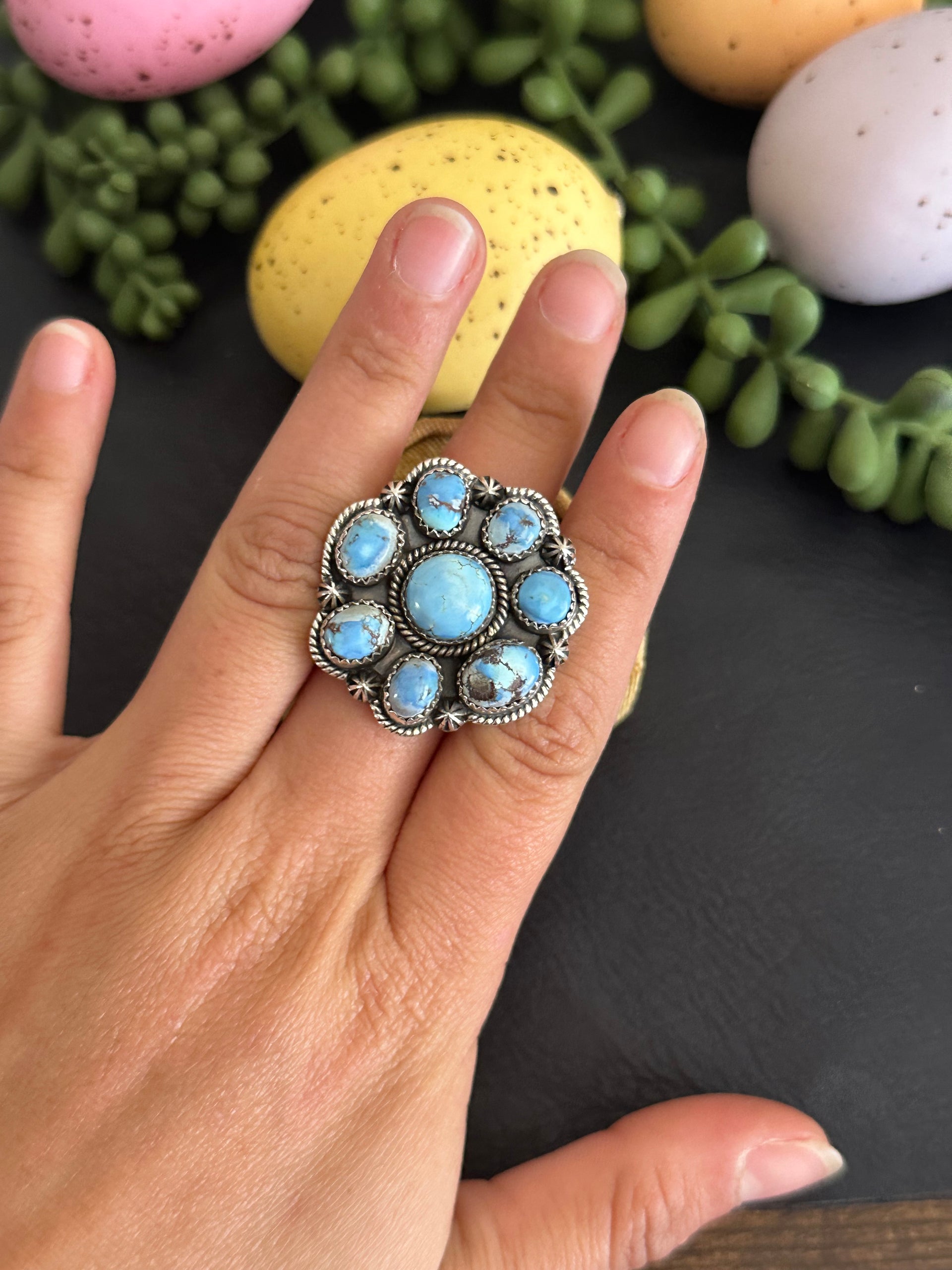 Southwest Handmade Golden Hills Turquoise & Sterling Silver Adjustable Cluster Ring