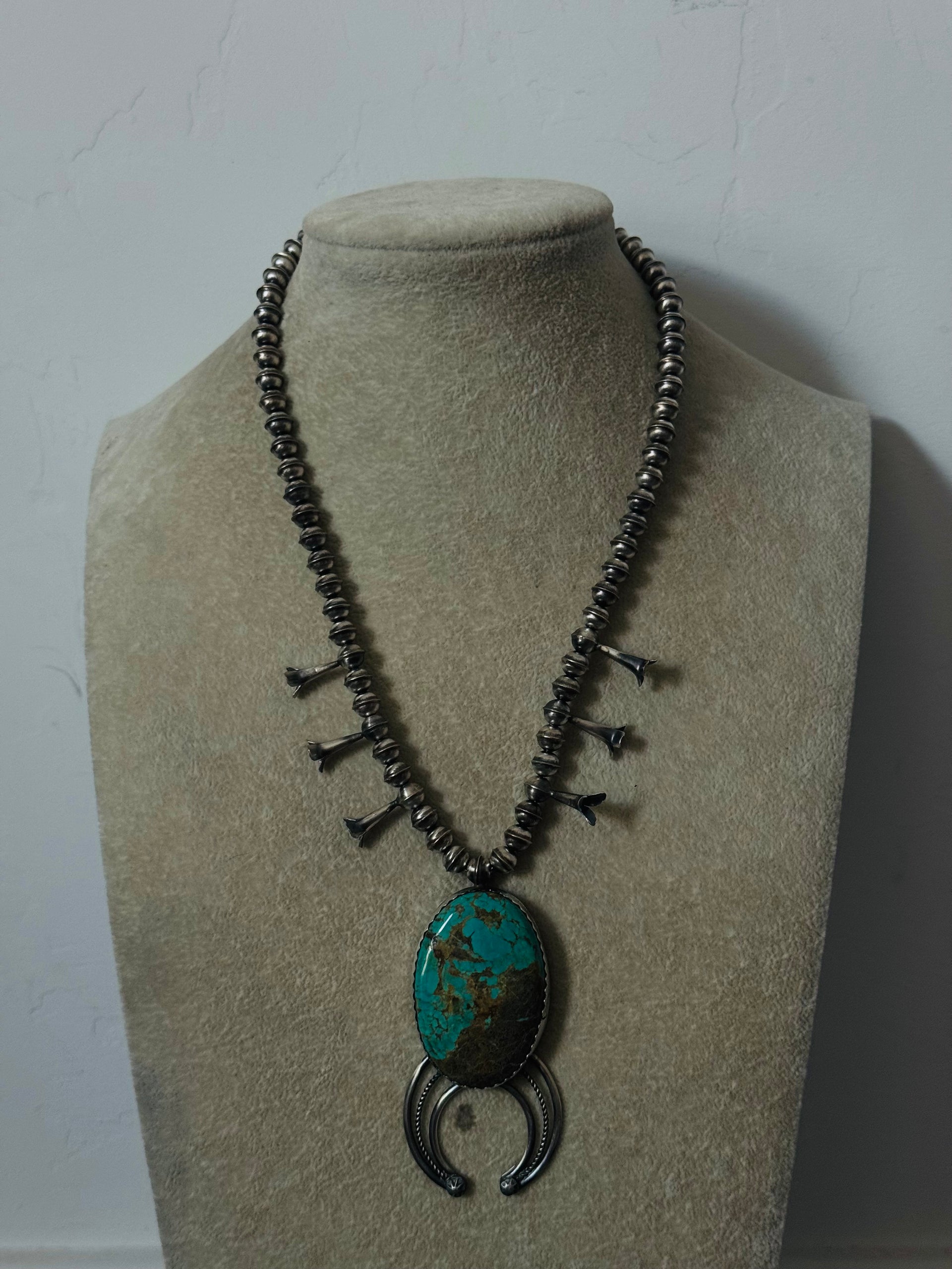 Navajo Made Pilot Mountain Turquoise & Sterling Silver Squash Blossom Necklace