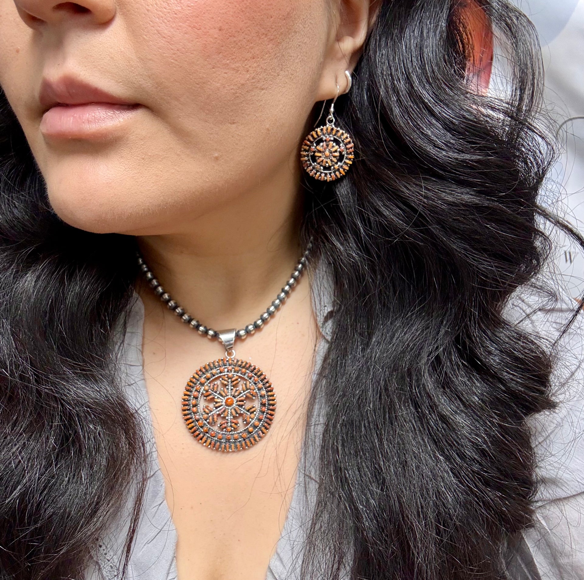 Southwest Handmade Spiny Oyster & Sterling Silver Pendant and Earring Set
