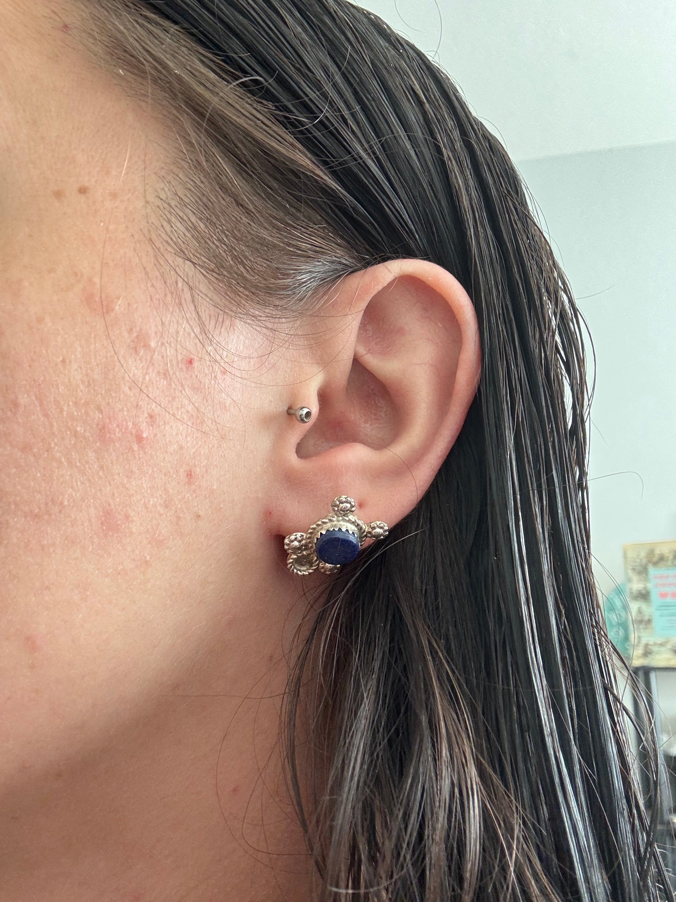 Zuni Handmade Lapis & Sterling Silver Post Earrings