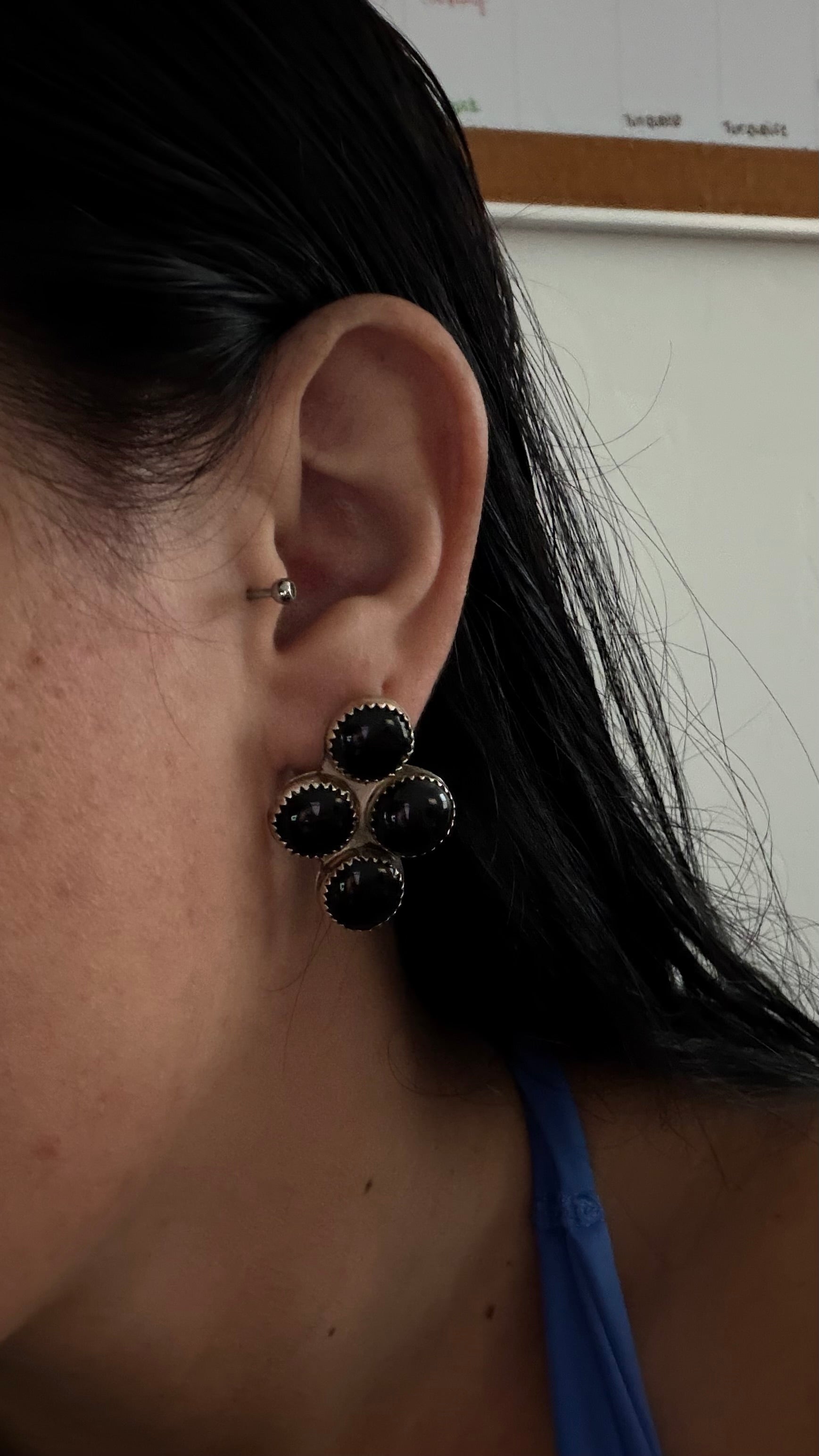OLD PAWN Navajo Made Onyx & Sterling Silver Post Dangle Cluster Earrings