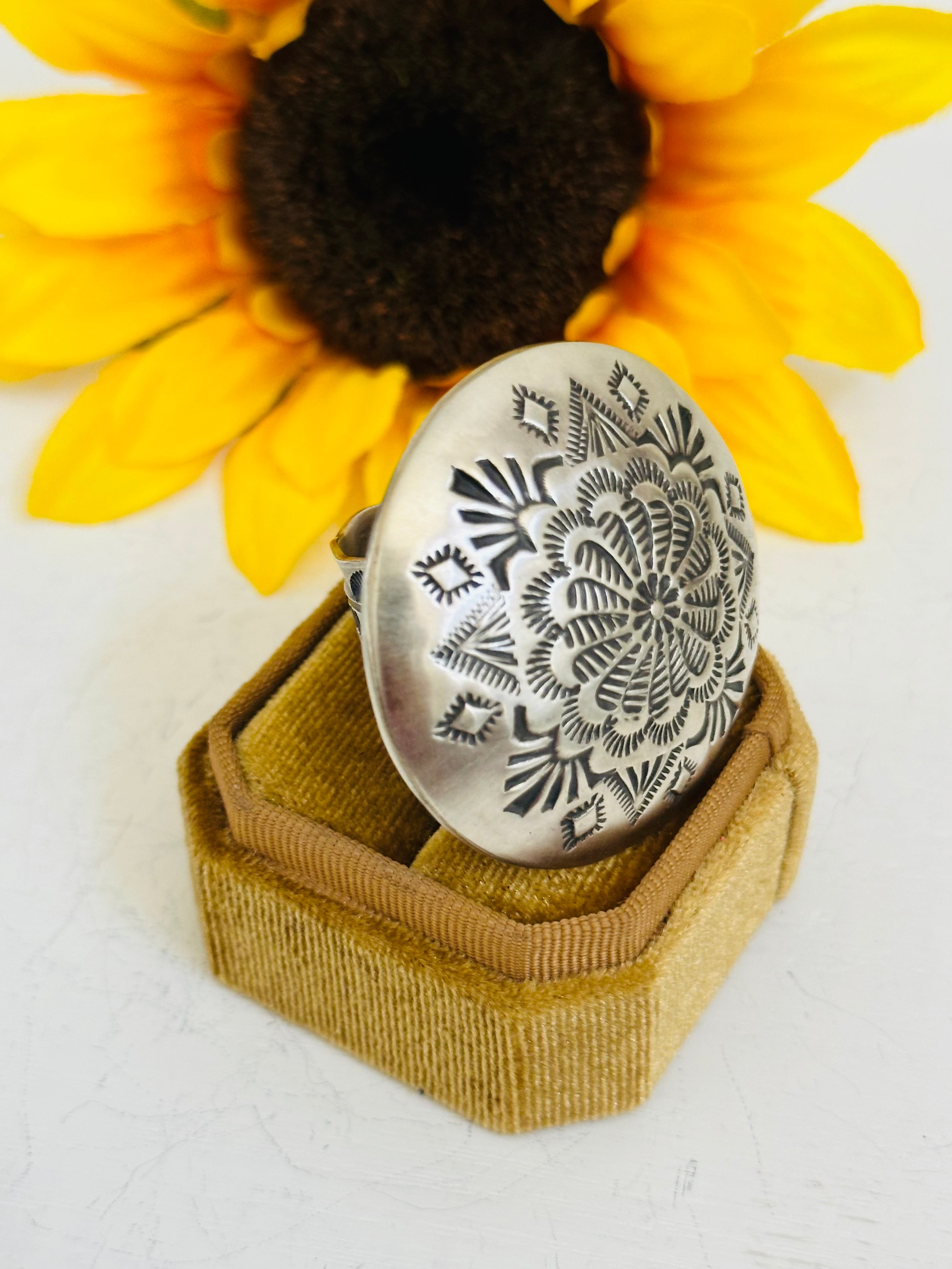 Leander Tahe Sterling Silver Concho Adjustable Ring