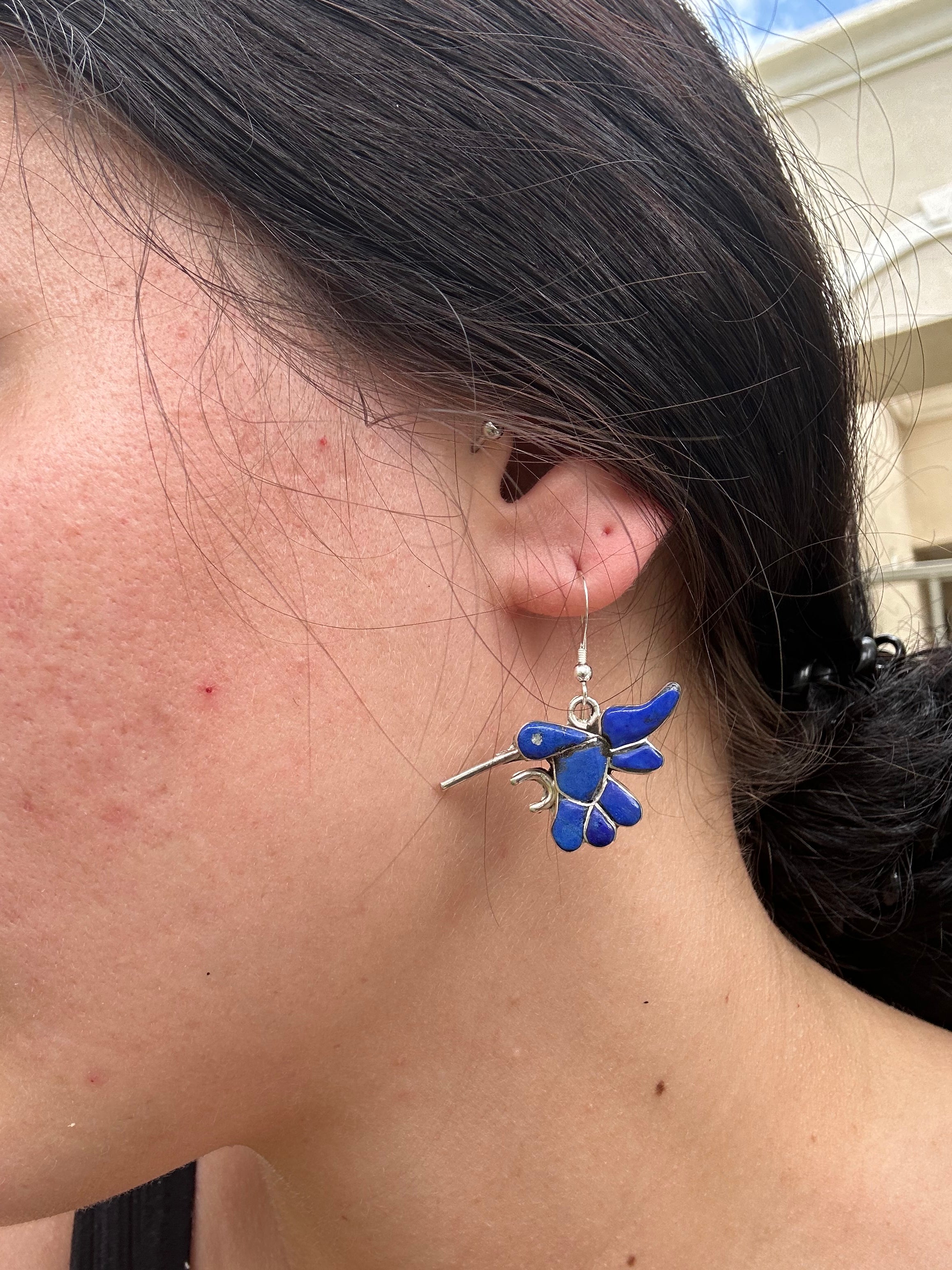 Zuni Made Lapis & Sterling Silver Hummingbird Dangle Earrings