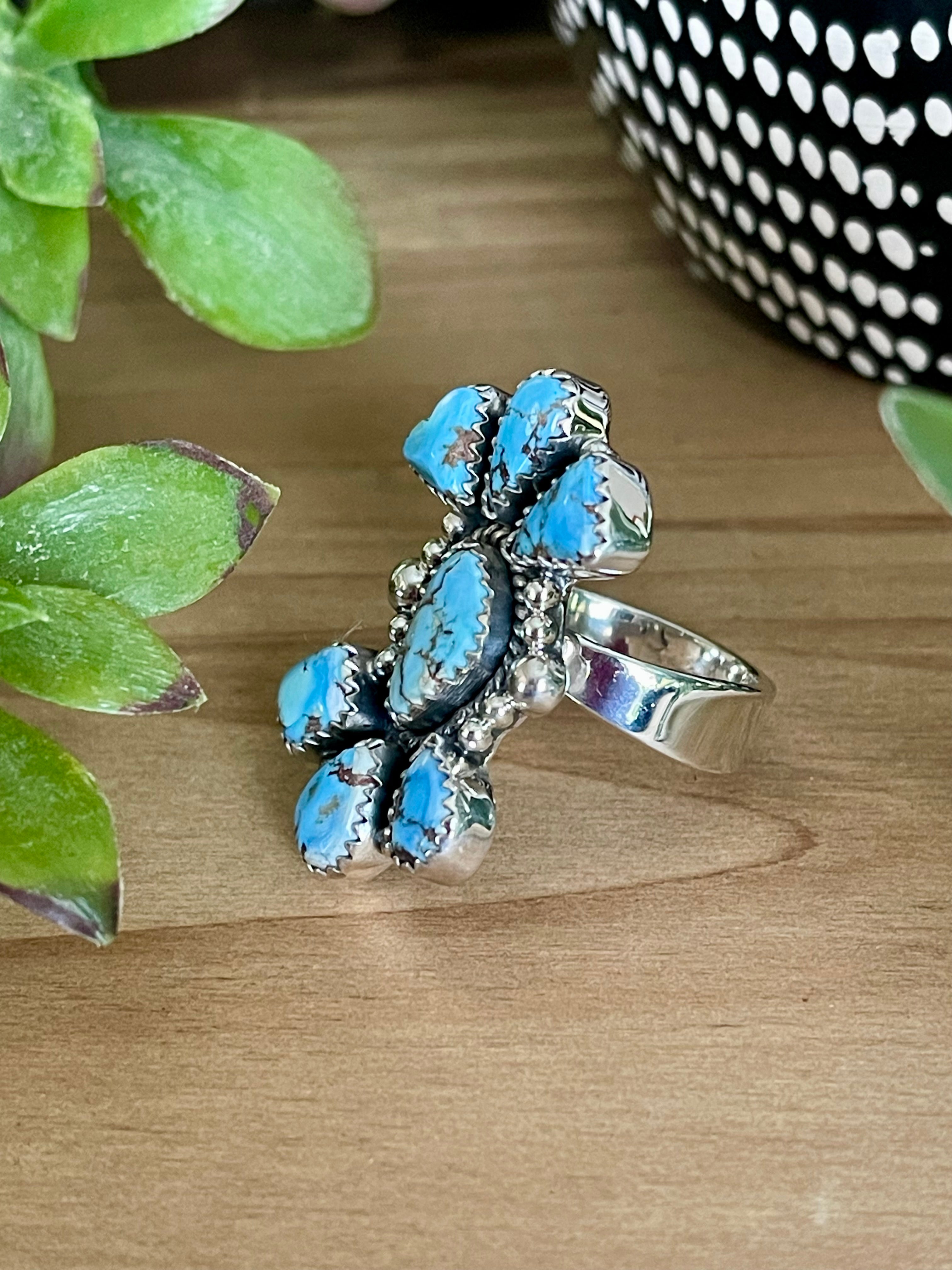 Southwest Handmade Golden Hills Turquoise & Sterling Silver Adjustable Cluster Ring