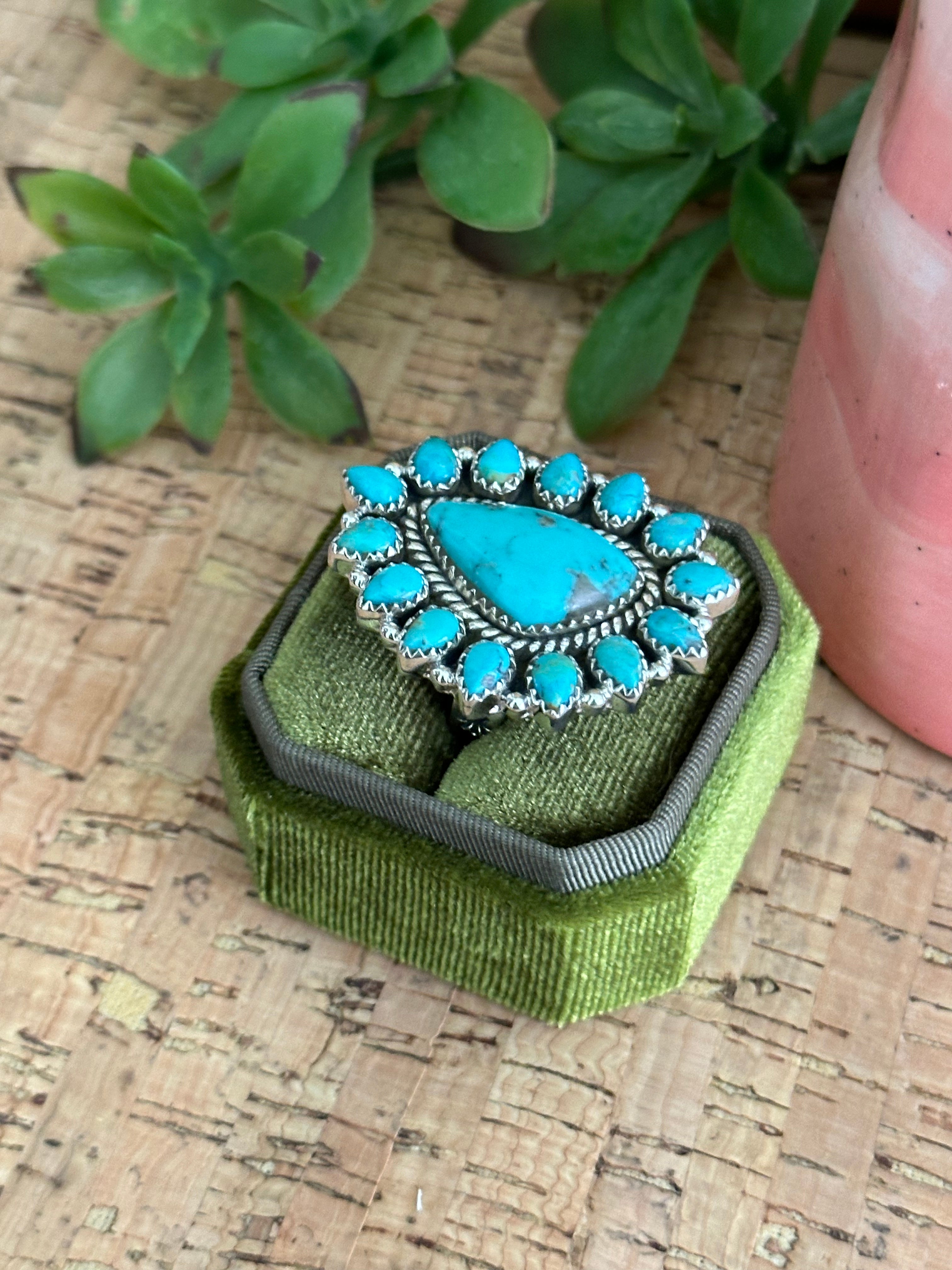 Southwest Handmade Kingman Turquoise & Sterling Silver Adjustable Cluster Ring