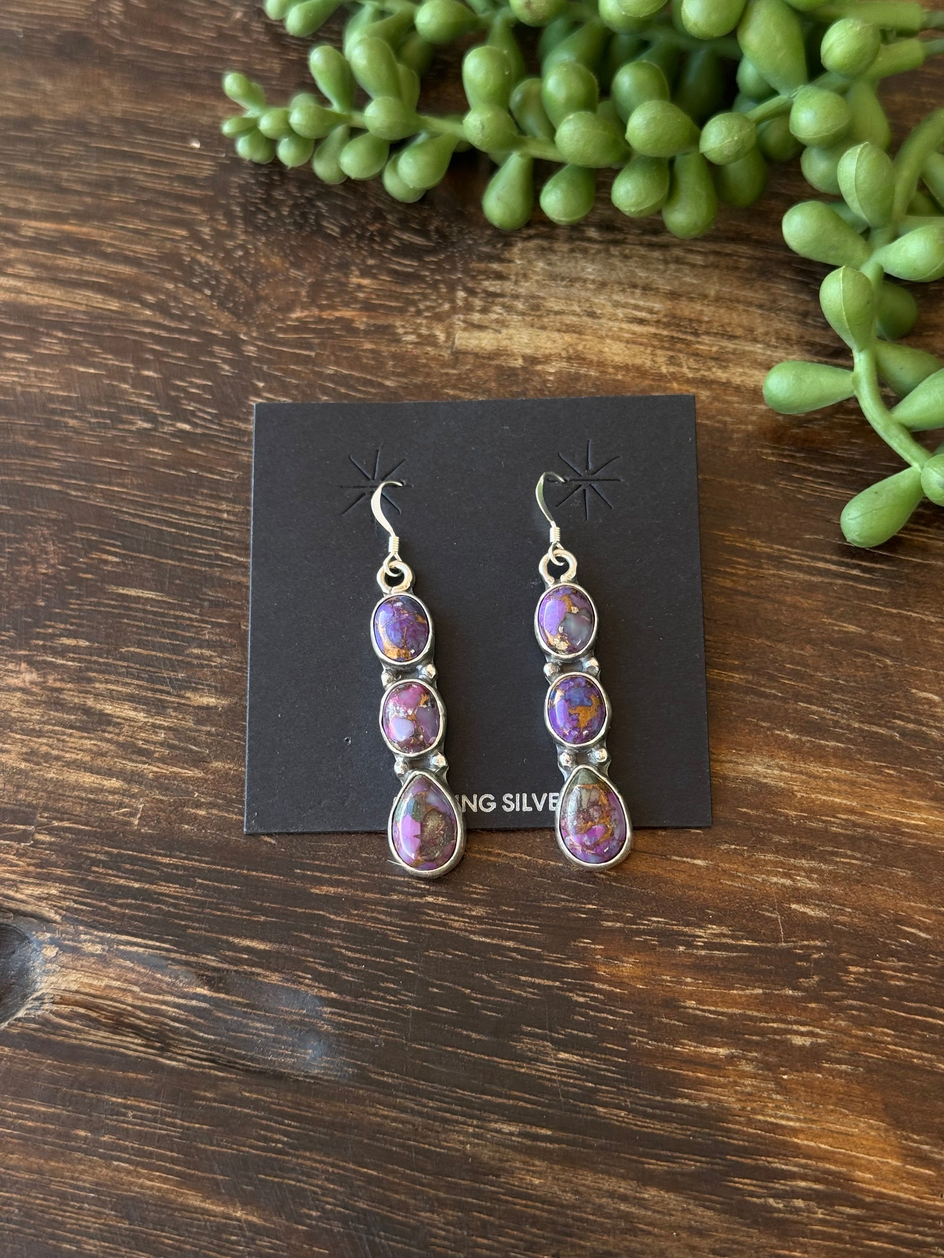Navajo Made Purple Mohave Turquoise & Sterling Silver Dangle Earrings