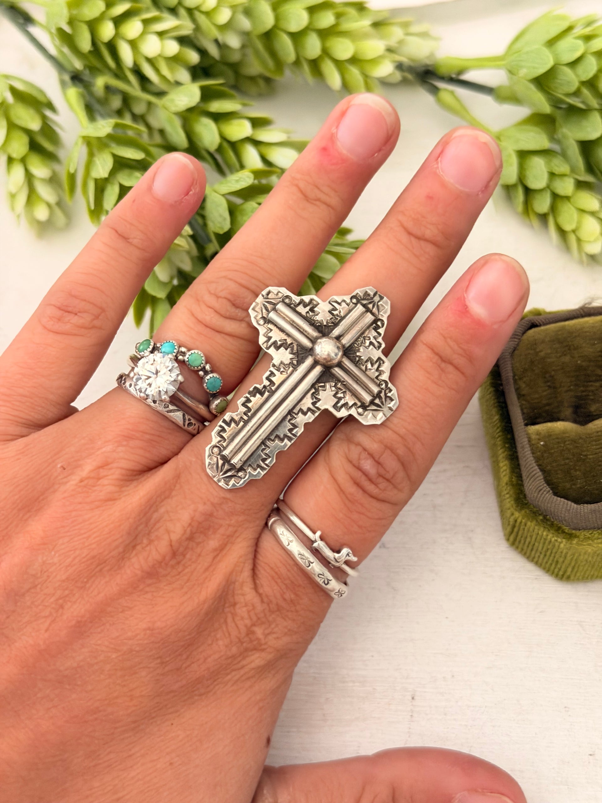 Navajo Made Sterling Silver Cross Adjustable Ring