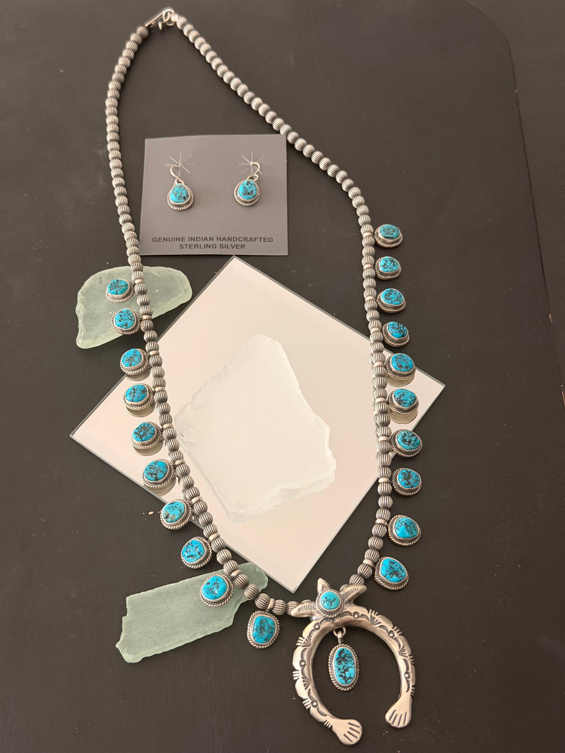 Navajo Made Kingman Turquoise & Sterling Silver Squash Blossom Necklace Set