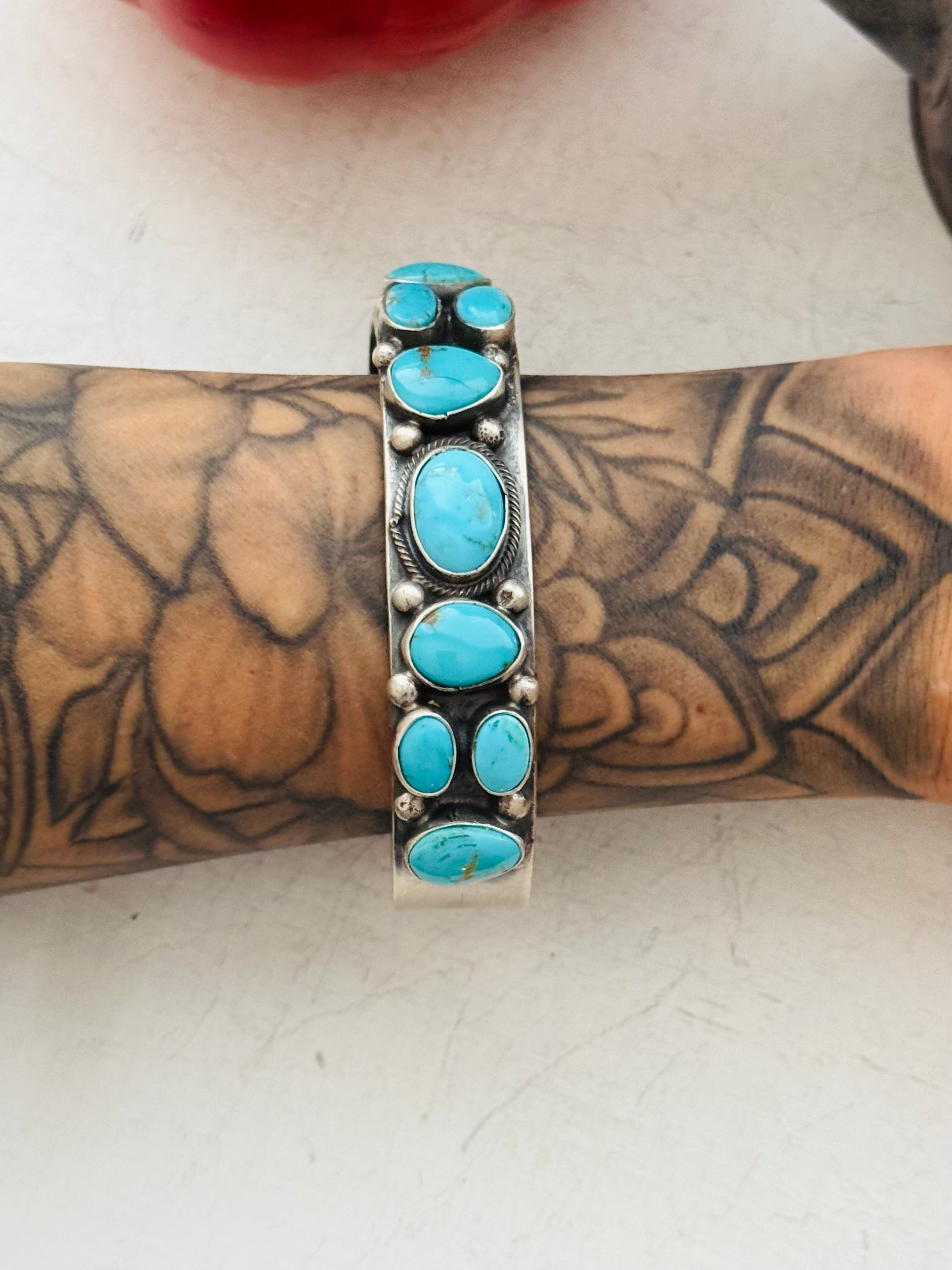 Bobby Johnson Kingman Turquoise & Sterling Silver Cluster Cuff Bracelet