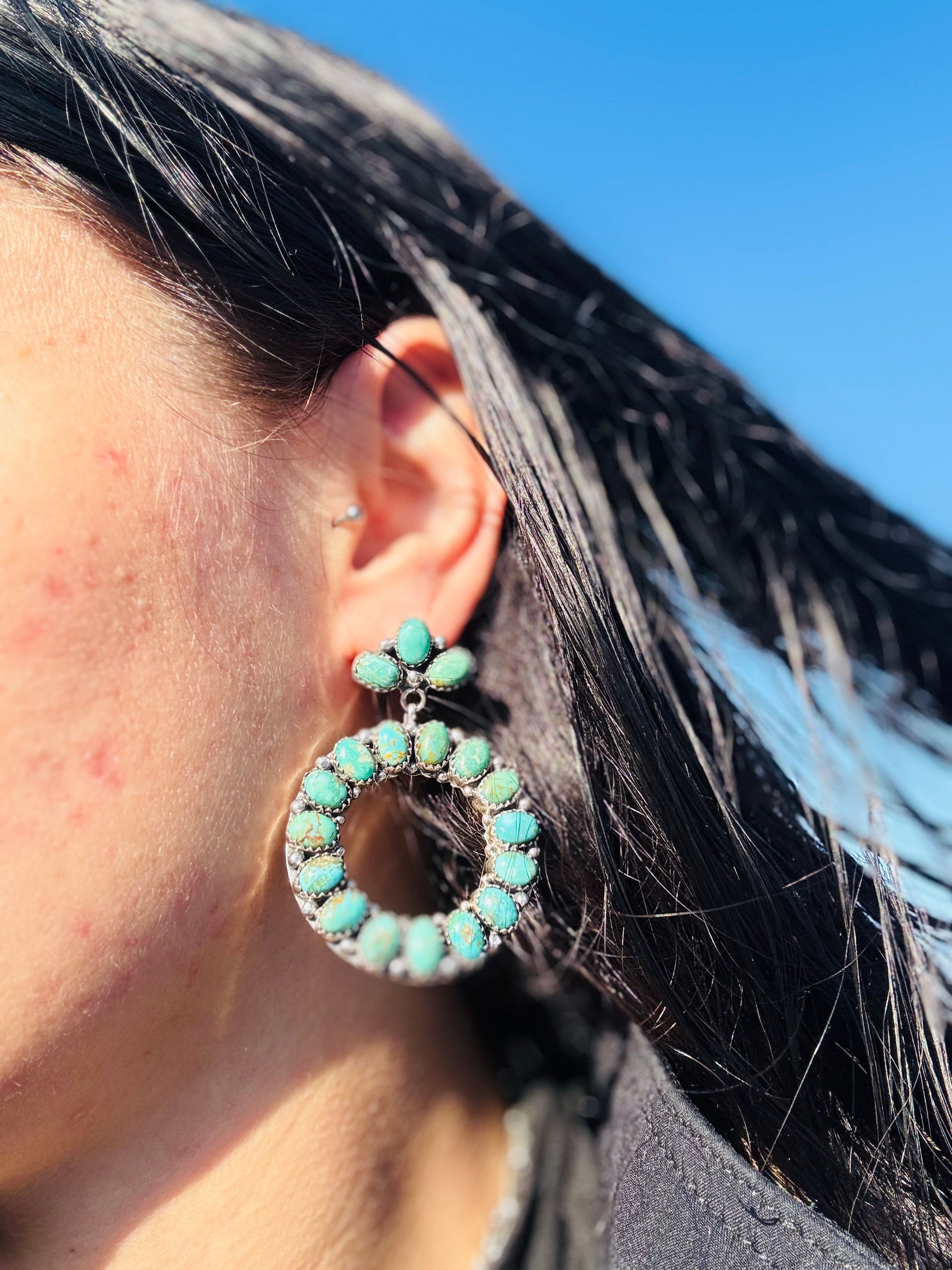 Navajo Made Kingman Turquoise & Sterling Silver Post Dangle Cluster Earrings