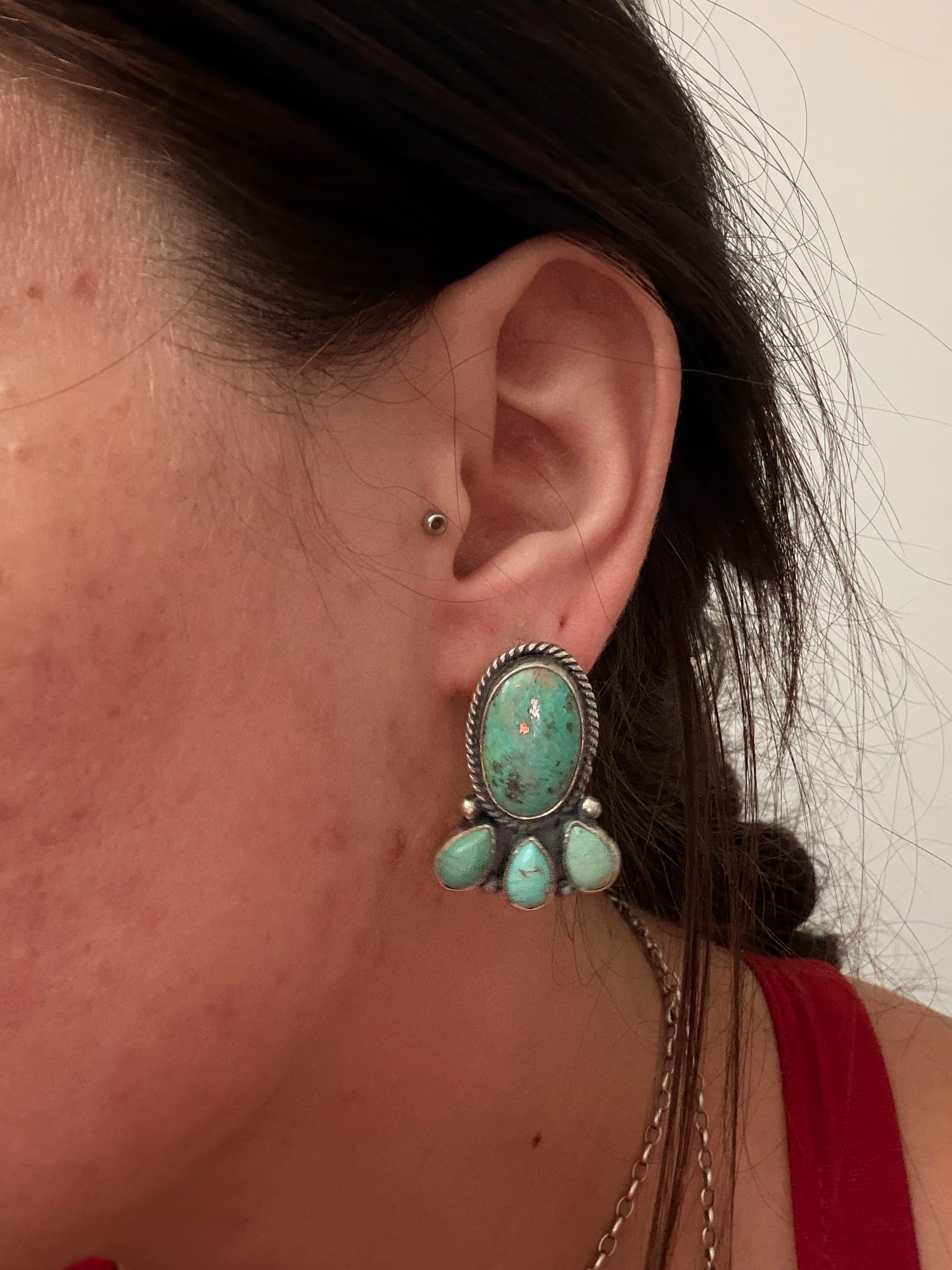 Navajo Made Kingman Turquoise & Sterling Silver Post Dangle Cluster Earring