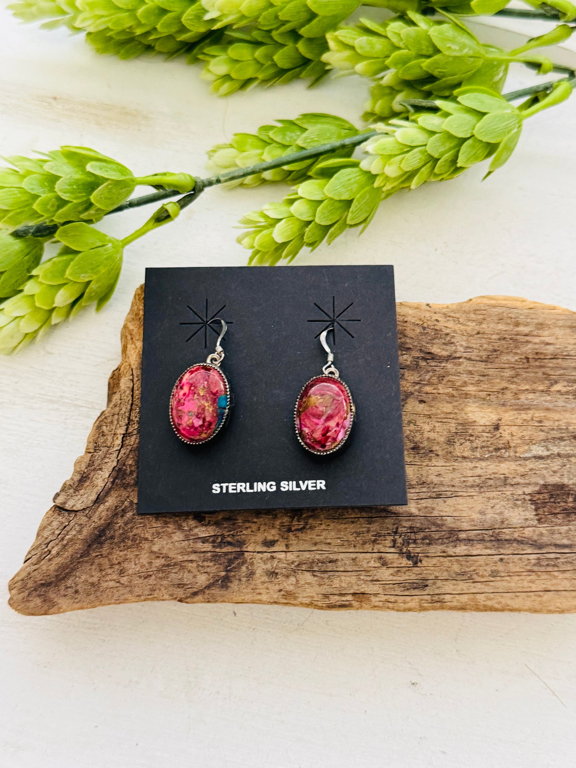 Navajo Made Pink Mohave Turquoise & Sterling Silver Dangle Earrings